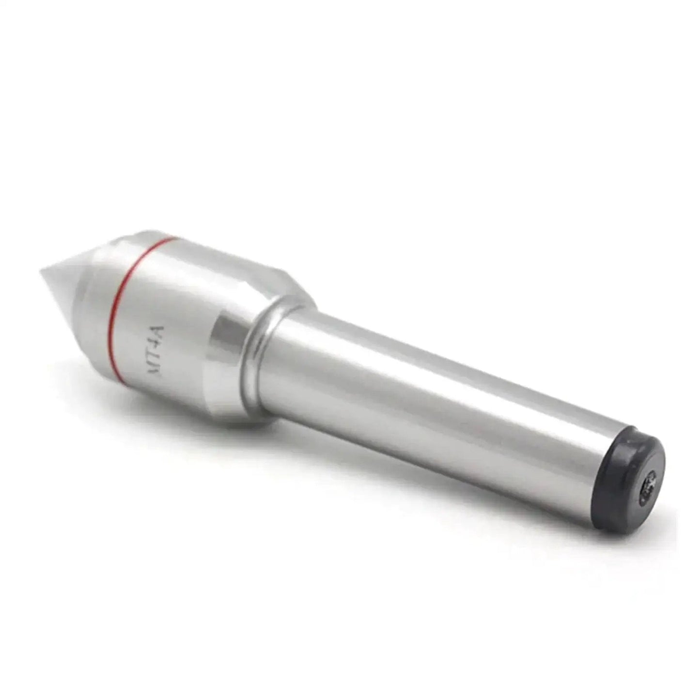 Rotating Live Center For Lathes MT4 with large head, high precision bearing, integrated molding, silver finish, side view