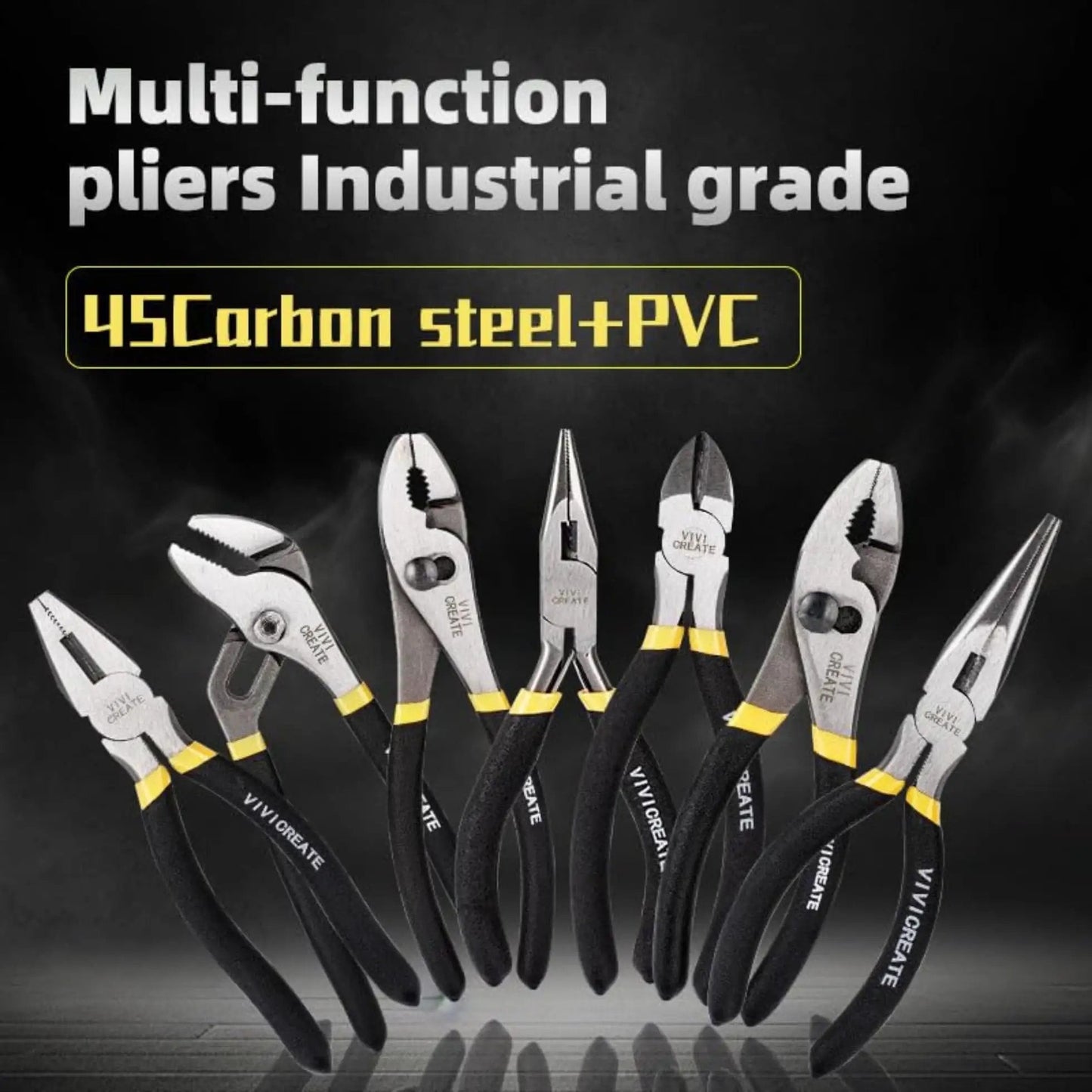 Heavy Duty 7 Piece Pliers Set For Home Repair And DIY Projects With Long Nose Pliers Slip Joint Pliers Linesman Pliers And Diagonal Pliers A Versatile Auto Electrical And General Tools Kit displayed on black background