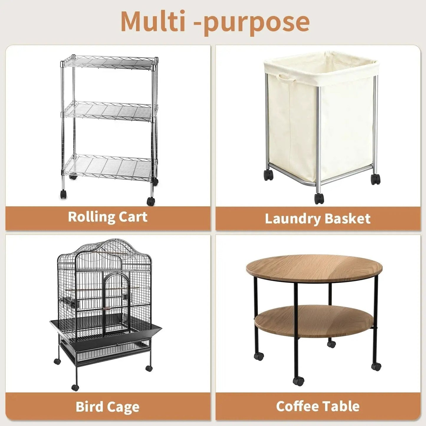 Multi-purpose rolling cart, laundry basket, bird cage, and coffee table with 2 Inch Nylon Caster Wheels With Brake for mobility.