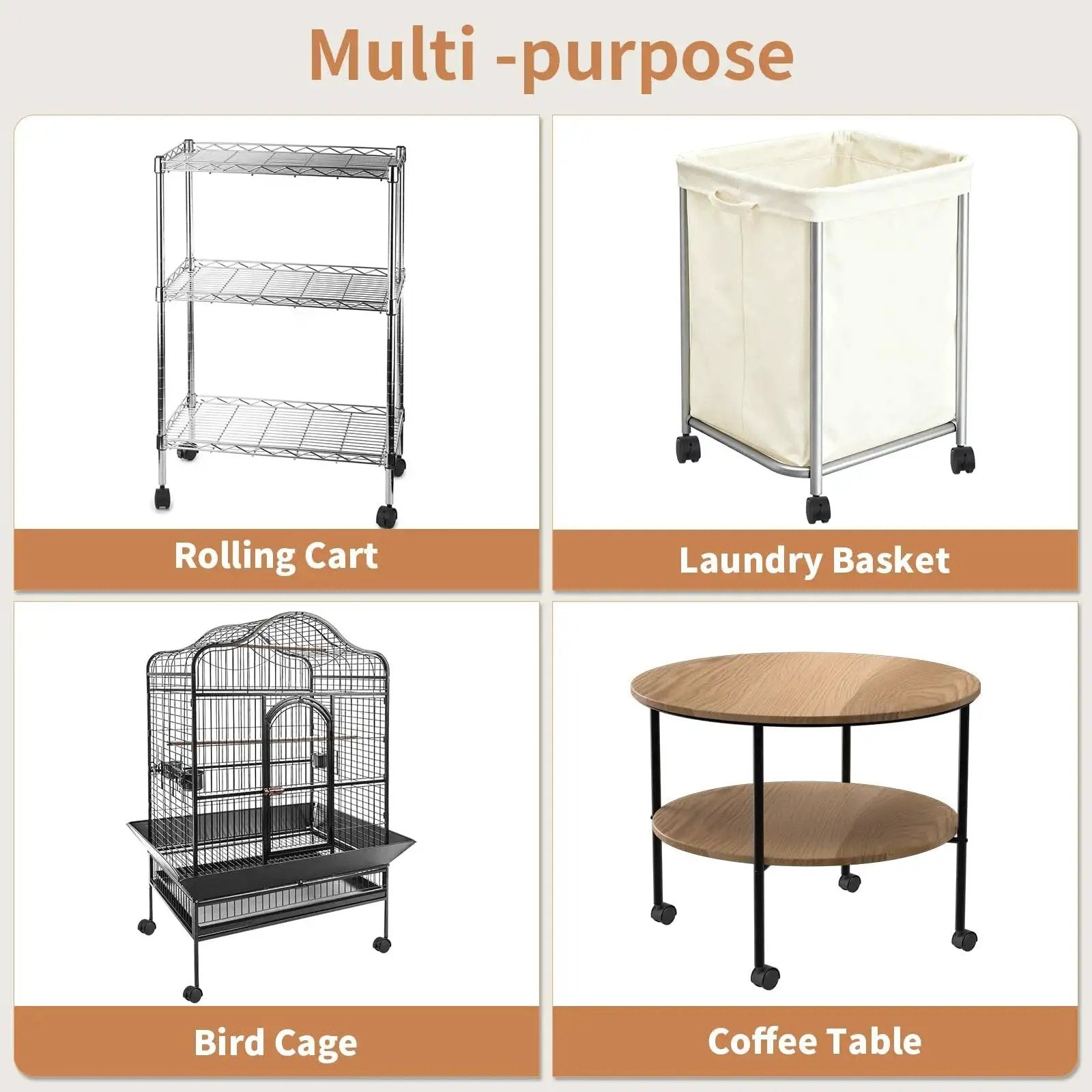 Multi-purpose rolling cart, laundry basket, bird cage, and coffee table with 2 Inch Nylon Caster Wheels With Brake for mobility.