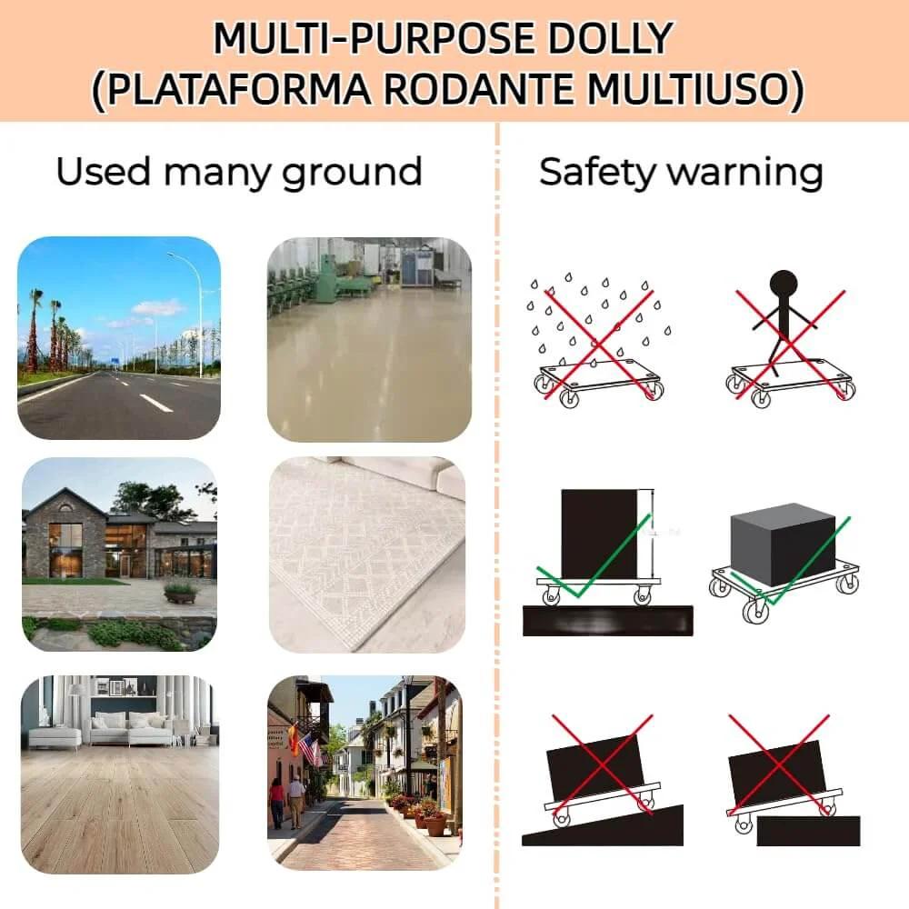 Infographic showing multi-purpose dolly usage on various surfaces and safety warnings, part of heavy duty wood furniture dolly set of 2 with 4 wheels.