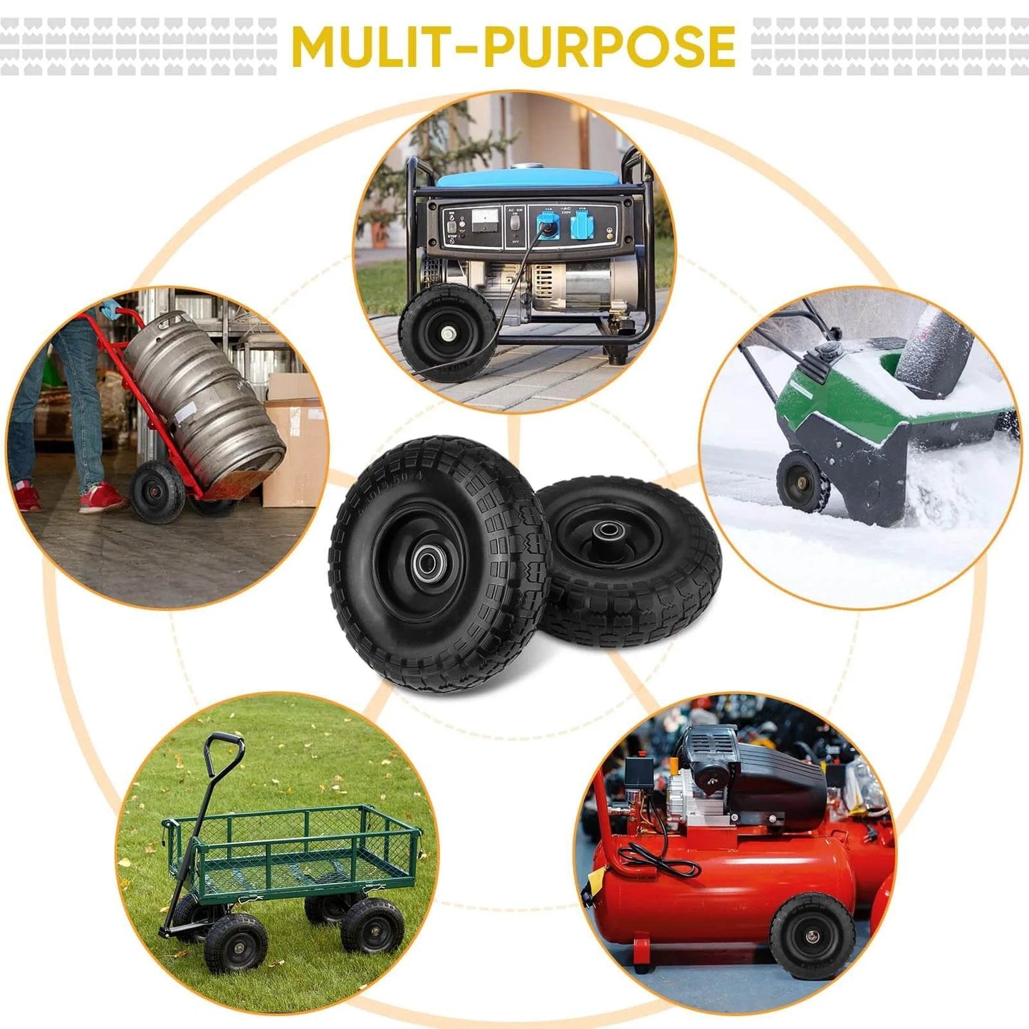 4.00-6 Flat Free Tire and Wheel Set, 13 Inch Solid Tires 4 Pack with various uses in carts, generators, and equipment.