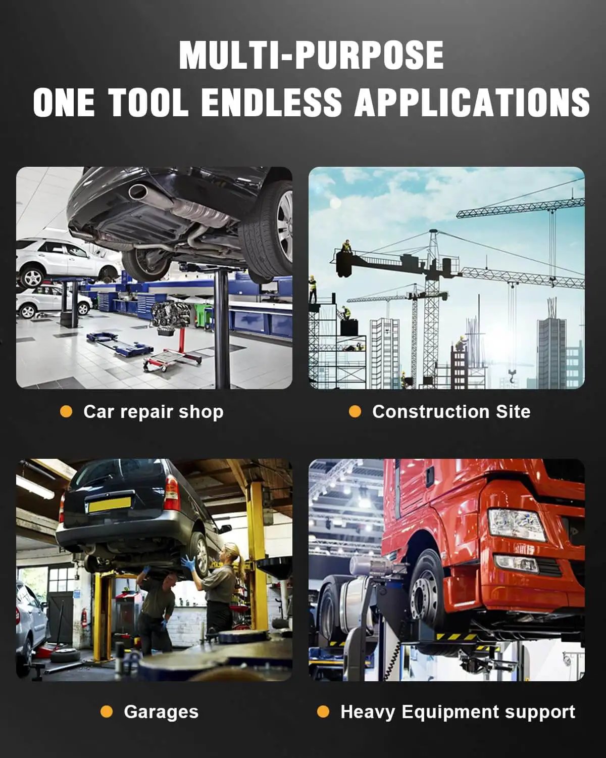 Multi-purpose tool for car repair, construction, garages, and heavy equipment support illustrated in four images.