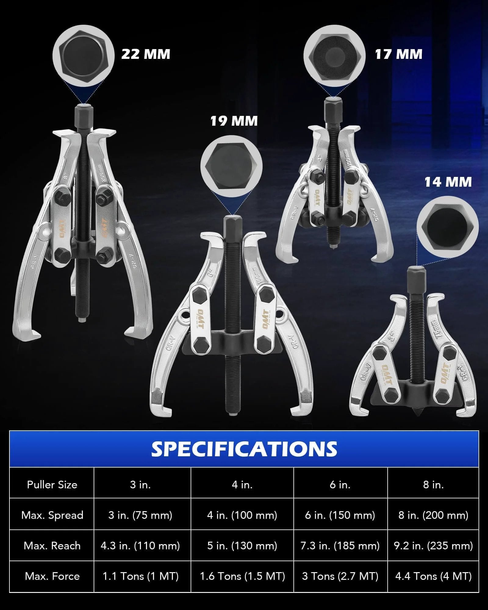 Gear Puller Set, 3" 4" 6" 8" Bearing Puller Kit with reversible jaws, 24pc 2 Jaw & 3 Jaw tools displayed with specifications chart