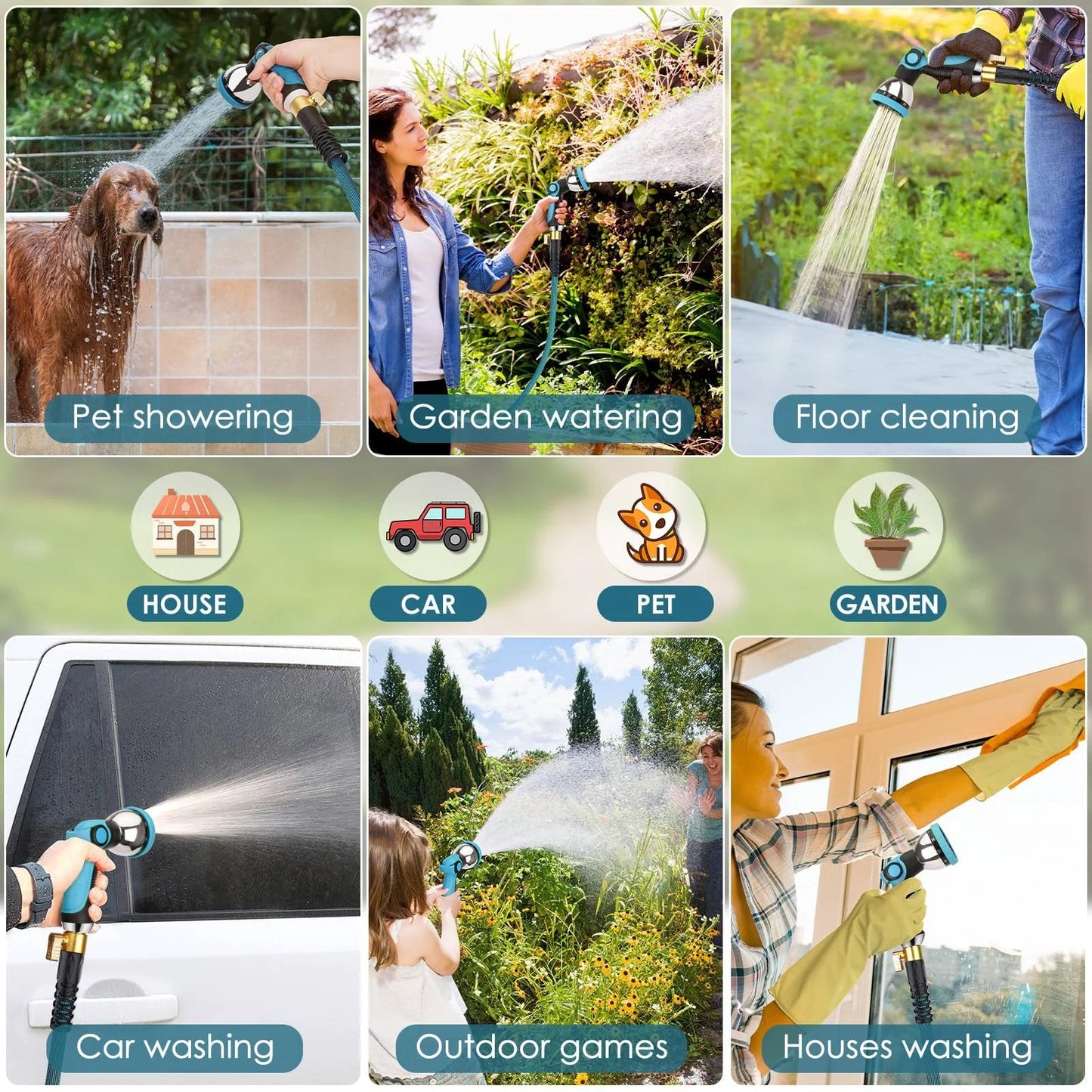 Ultra Lightweight Garden Hose 150 Ft Non Expandable With 10 Pattern Nozzle And Shut Off Valve Holder Included Leakproof And Kink Resistant Reinforced Fittings For Yard And Outdoor Use FlexiSolve in various use scenarios for pets, gardens, and cleaning.