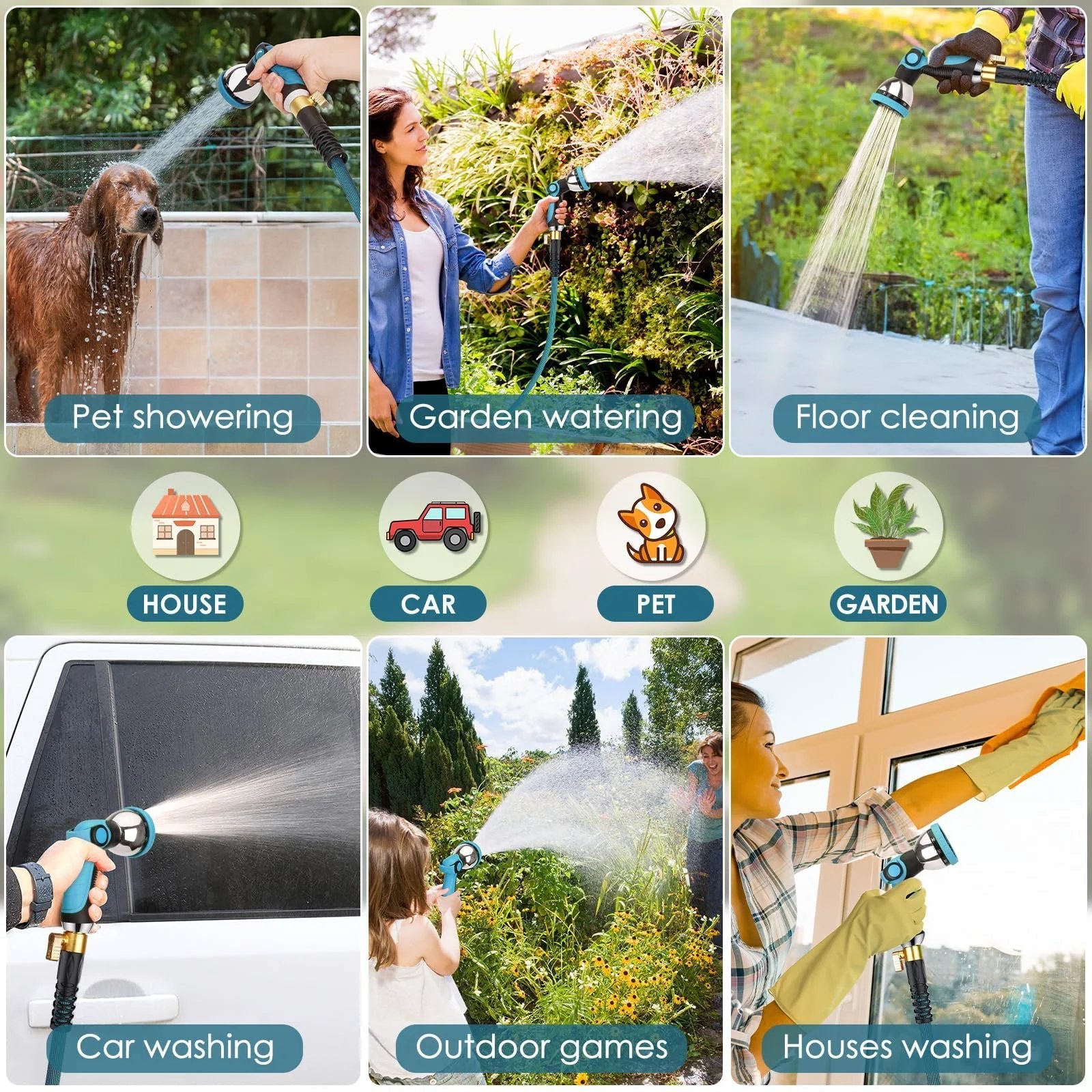 Ultra Lightweight Garden Hose 150 Ft Non Expandable With 10 Pattern Nozzle And Shut Off Valve Holder Included Leakproof And Kink Resistant Reinforced Fittings For Yard And Outdoor Use FlexiSolve in various use scenarios for pets, gardens, and cleaning.