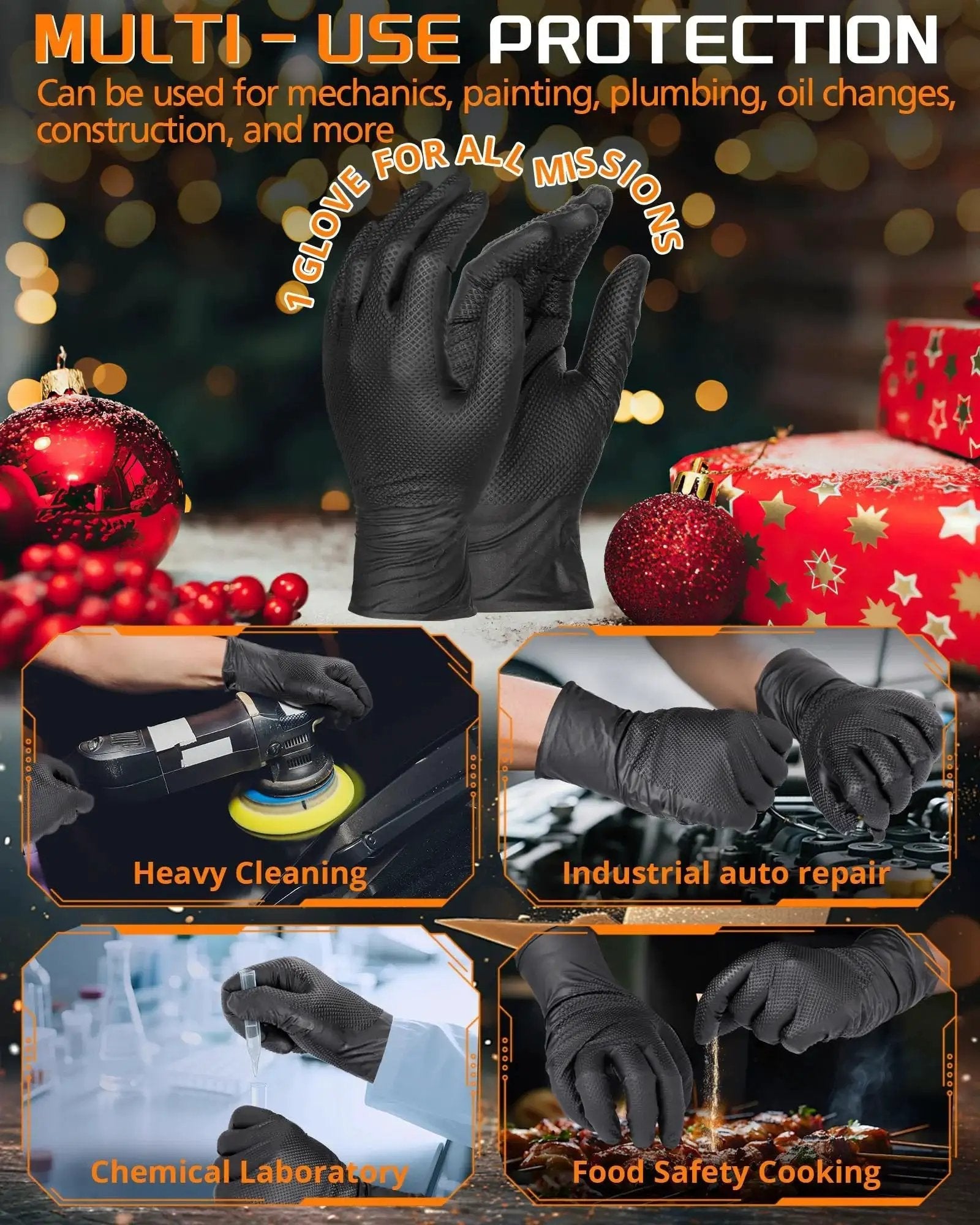 Heavy Duty Nitrile Gloves 9 Mil Diamond Texture Black Large Pack 800 Pcs shown with various uses like cleaning and cooking