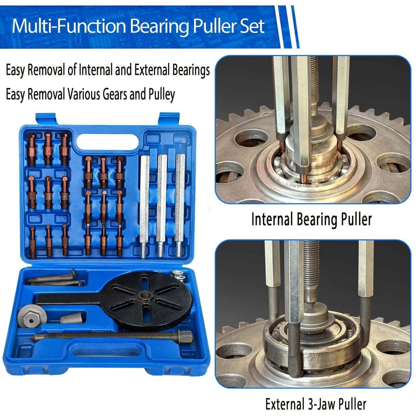 21 in1 Bearing Puller, Bearing Puller Set with Inner Hole Three-Jaw Puller, Curved Hook, Red Steel Collet, Storage Case Blue