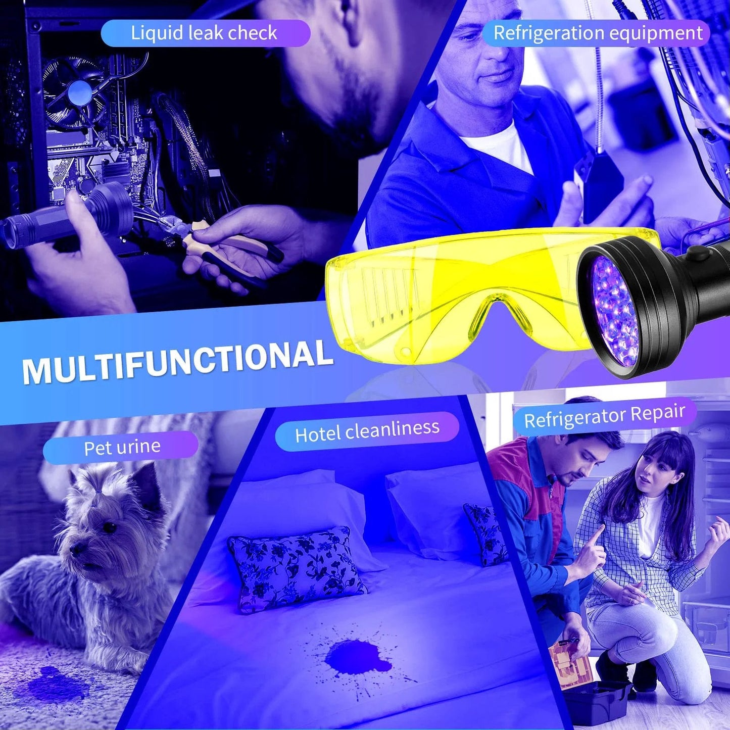 Refrigerant Leak Detector Kit With LED Light For Auto And Home ACs, Halogen Gas Leakage Tester, 68 Flashlight Included, UV Protective Glasses, Battery Not Included, All In One Tool For Quick, Accurate Leak Detection, showcasing multifunctional uses.