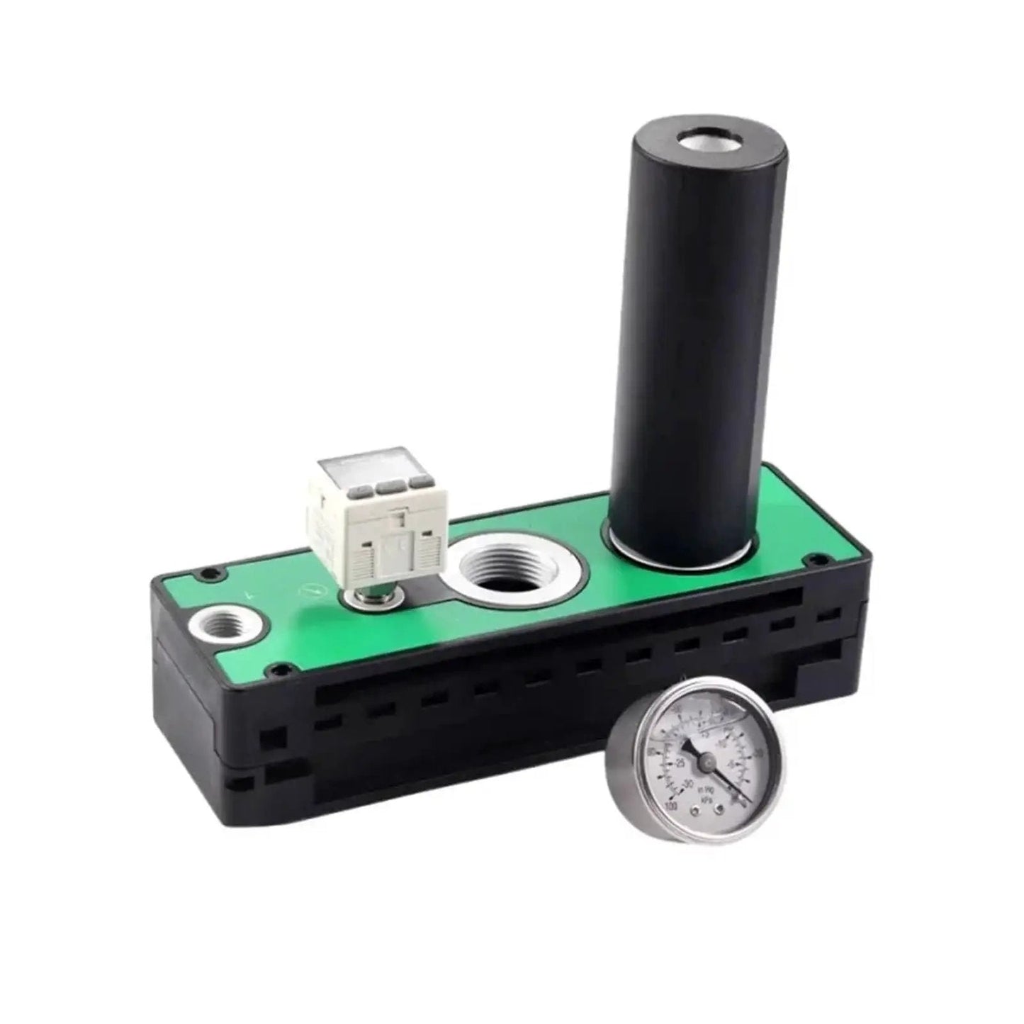 Multistage Pneumatic Vacuum Generator With Large Suction And High Flow For PM401B AD pumps, shown with gauge and connect points.