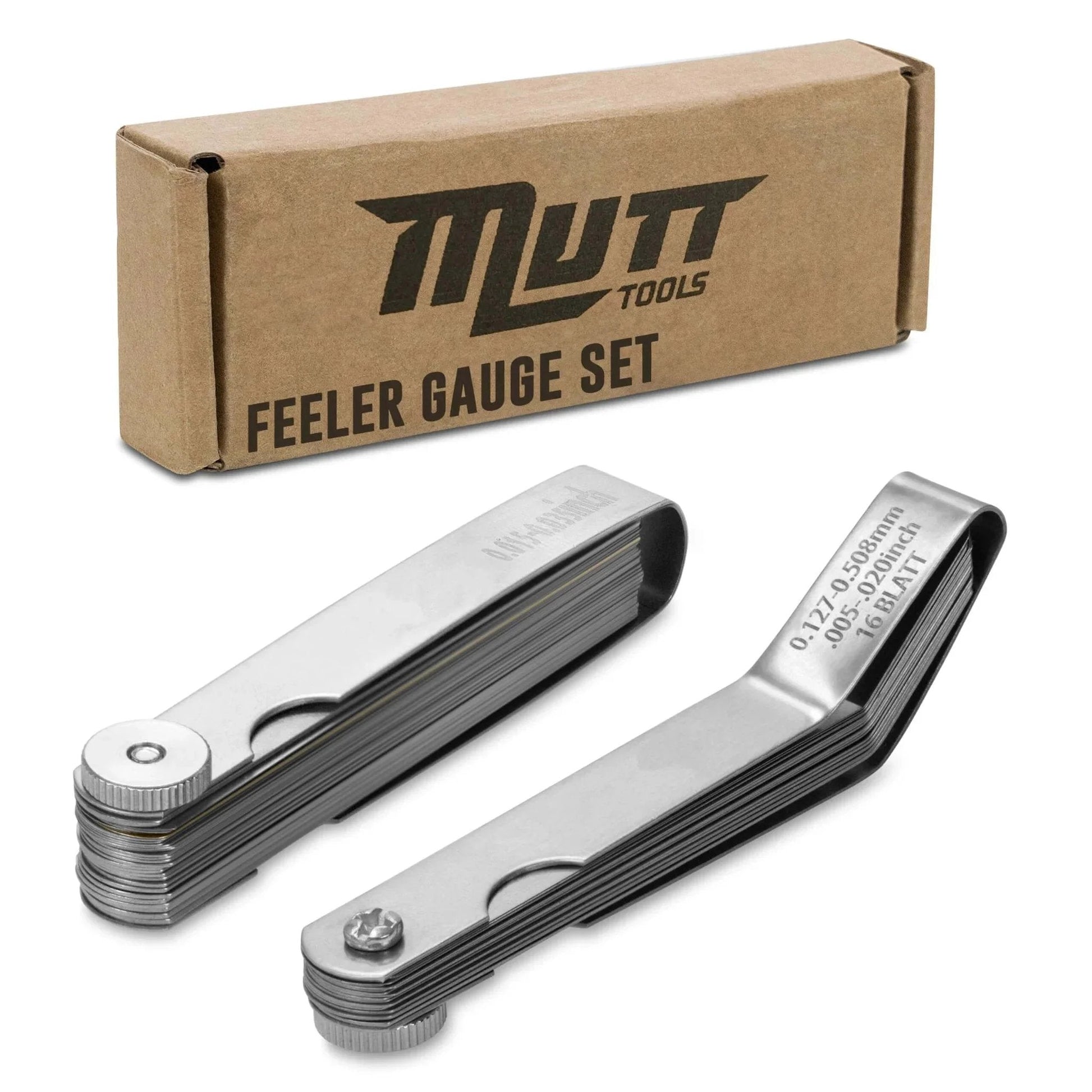 Mutt Tools 2pc Feeler Gauge Set - Premium Straight & Angled Feeler Gauges for Valves - Inch and Metric Measurement with packaging