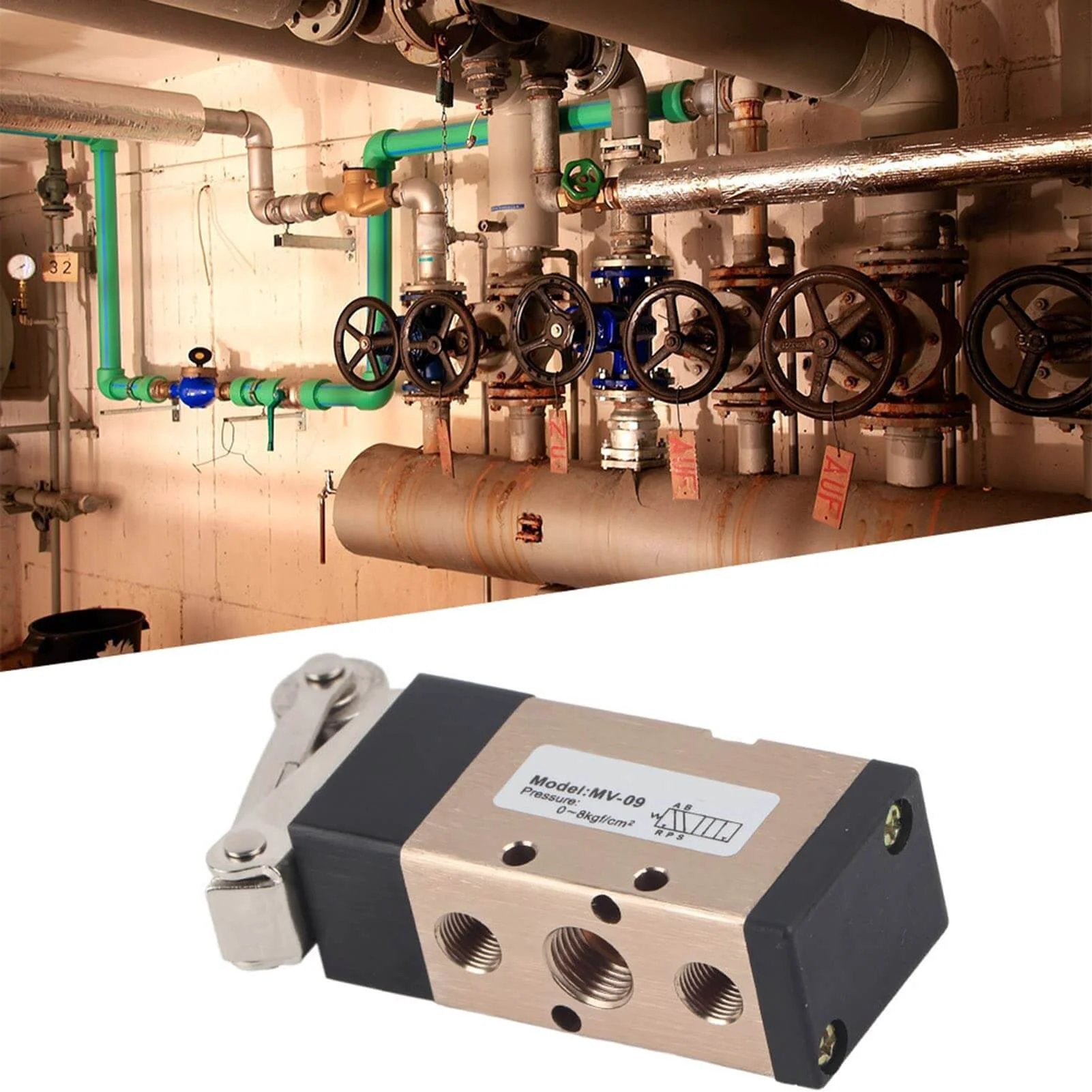 2 Position 5 Way Pneumatic Hand Pull Valve Roller Type Pneumatic Mechanical Valve 1/4" PT Port Aluminum Alloy Pneumatic Switch Valve MV-09 Pneumatic Control Reversing Valve depicted with industrial pipes backdrop.