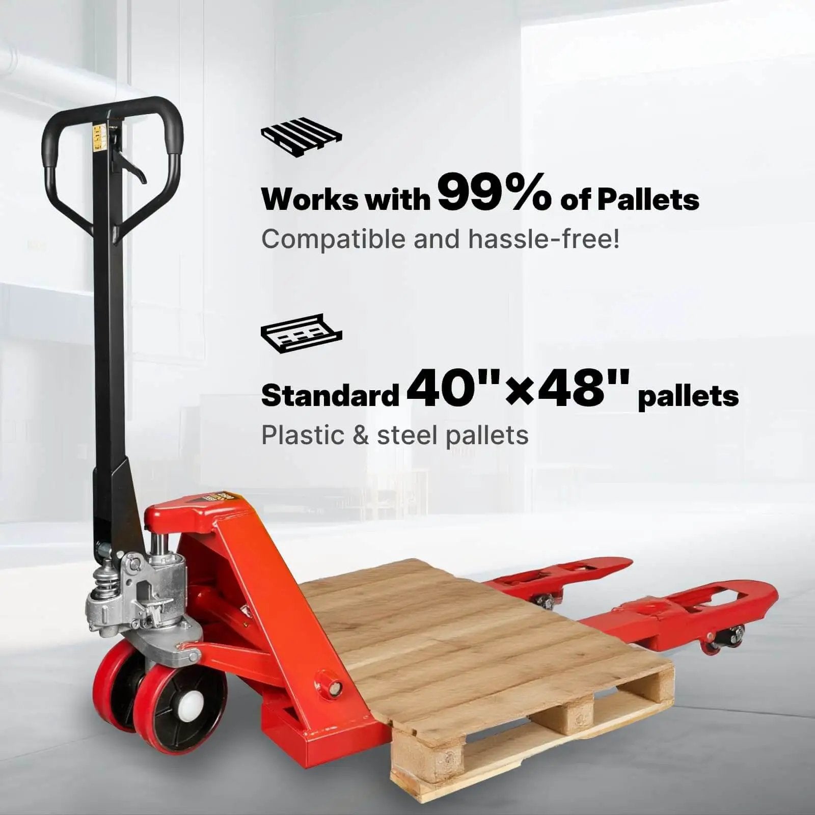 Narrow Manual Pallet Jack For Tight Aisles 48 Inch By 21 Inch Lift With 5500 Pound Capacity For Warehouse And Workshop