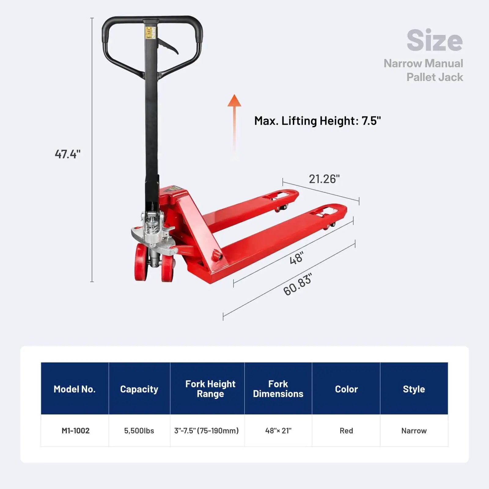 Narrow Manual Pallet Jack For Tight Aisles 48 Inch By 21 Inch Lift With 5500 Pound Capacity For Warehouse And Workshop NORTHSKY