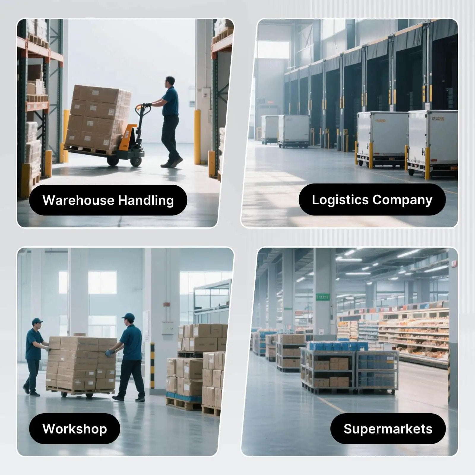 Narrow Manual Pallet Jack For Tight Aisles 48 Inch By 21 Inch Lift With 5500 Pound Capacity in various warehouse settings.