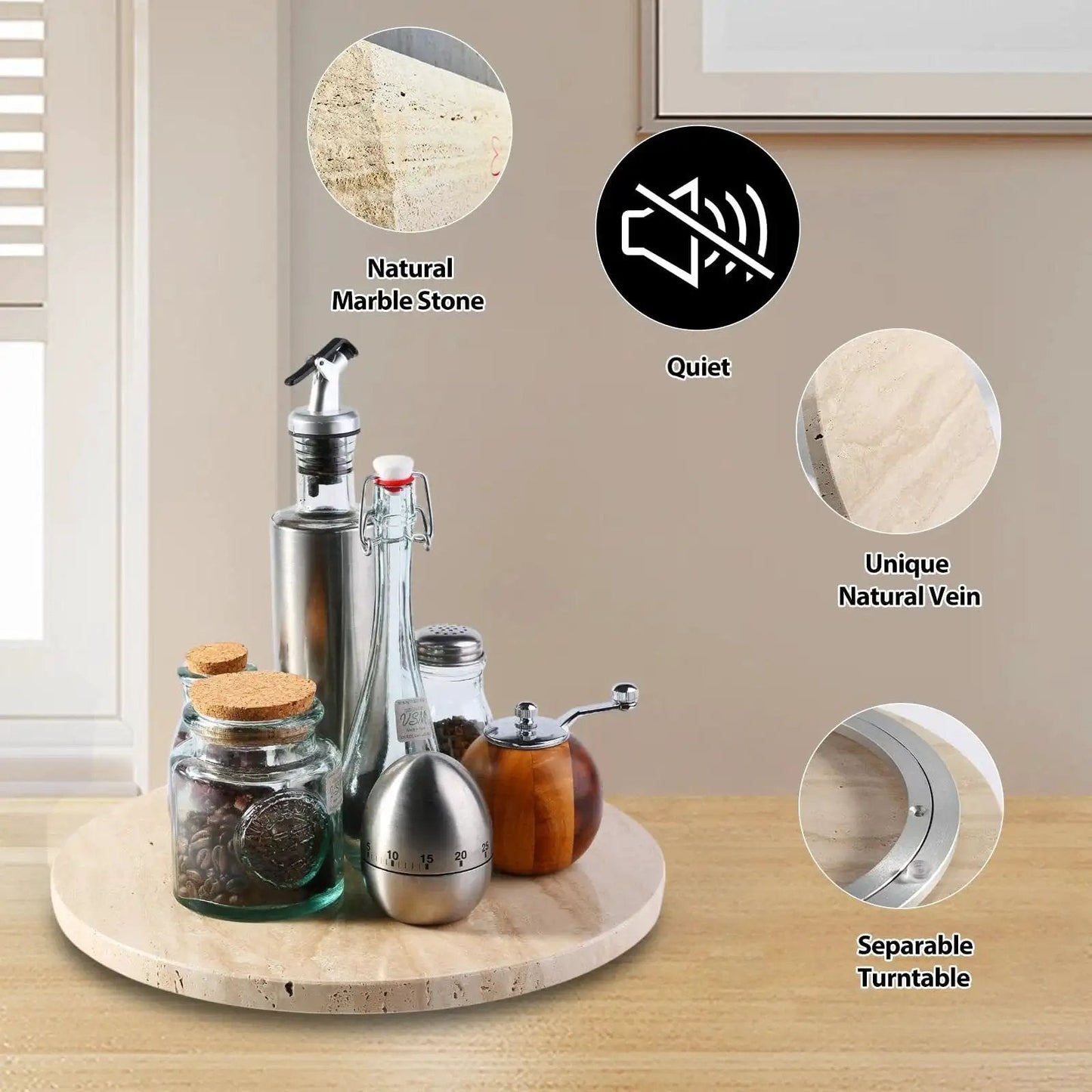 Natural Travertine Lazy Susan Turntable Organizer with kitchen items on countertop, showing natural stone and silent rotation features.