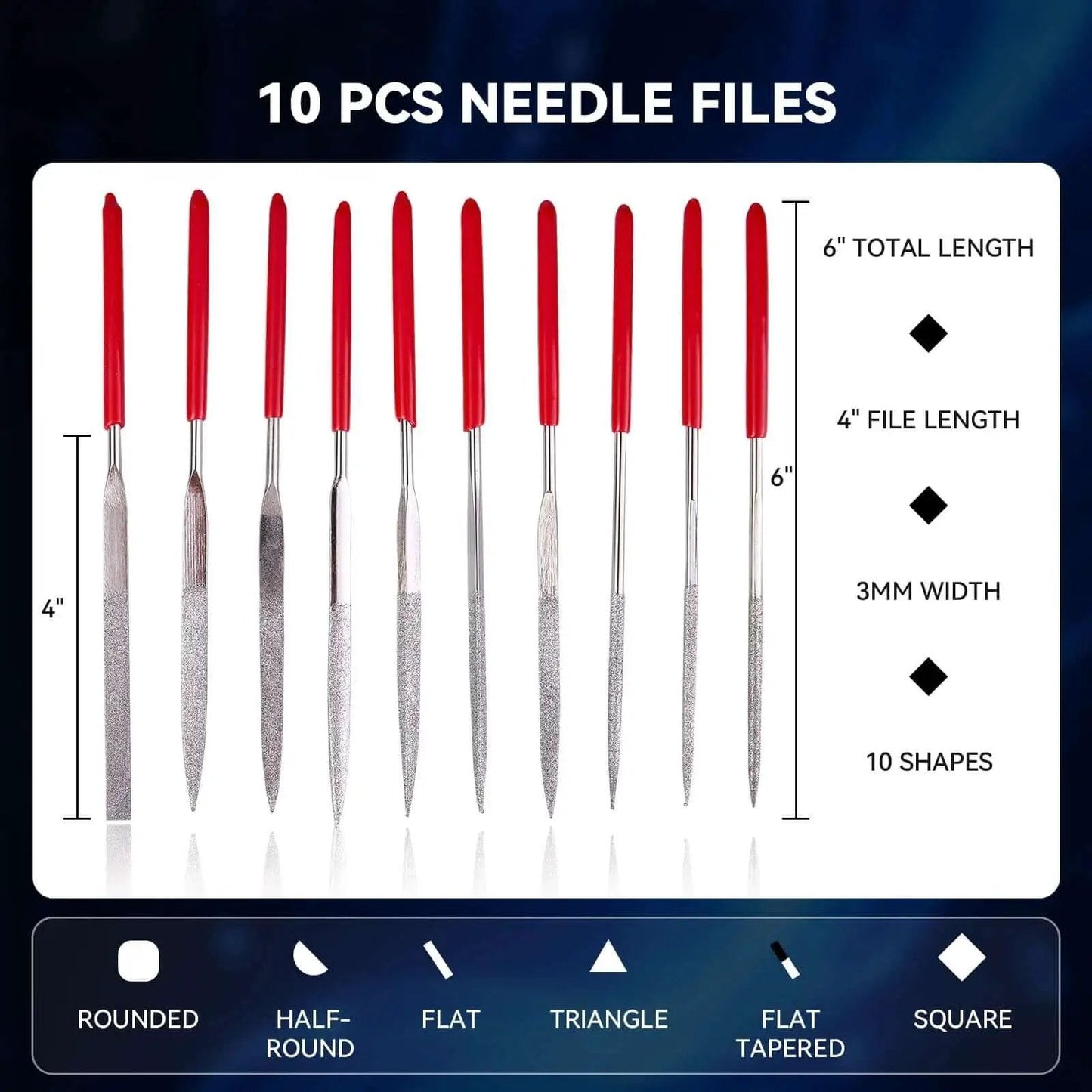 10-piece needle file set with red handles, showing various shapes and sizes for detailed work in HVAC and plumbing.