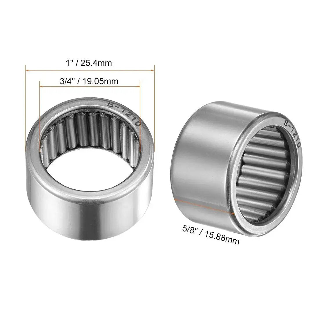 Needle Roller Bearing B1210 Full Complement Drawn Cup Open Heavy Duty 3/4 Inch ID 1 Inch OD 5/8 Inch Width 2 Pack By Uxcell