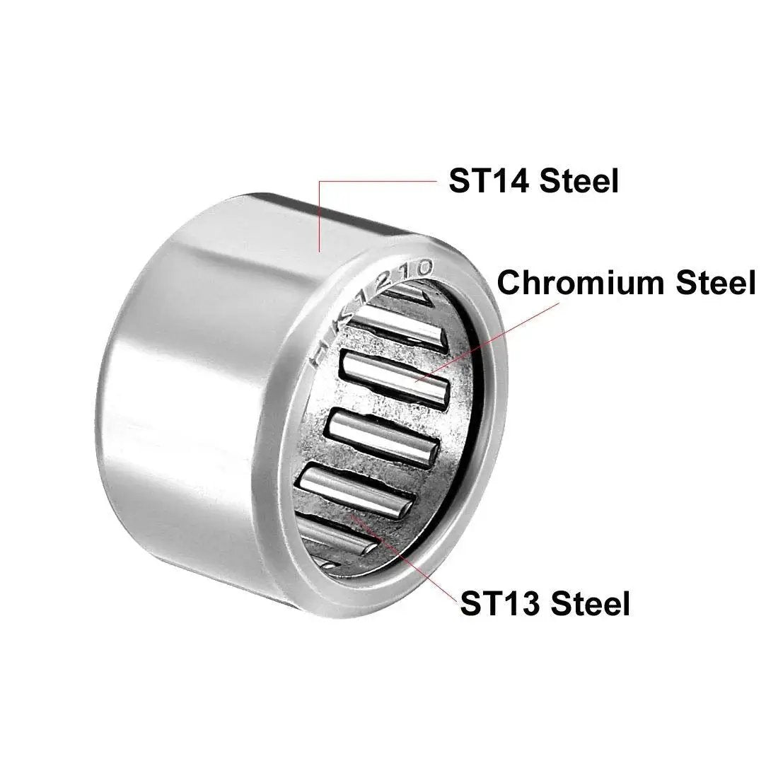 Drawn Cup Needle Roller Bearing Set Open End 12mm Bore 16mm OD 10mm Width Pack Of 5, showing ST14 and ST13 steel composition