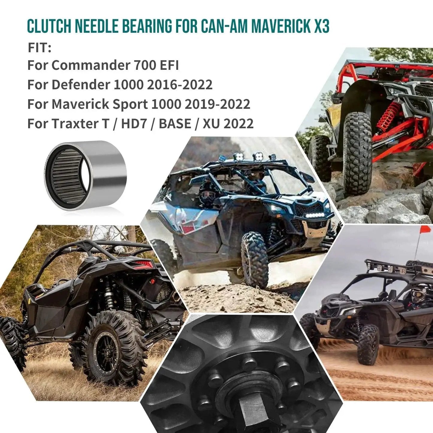 Image of Needle Roller Bearing Kit for Can-Am Maverick X3 and compatible vehicles, shown with off-road vehicles driving on rugged terrain.