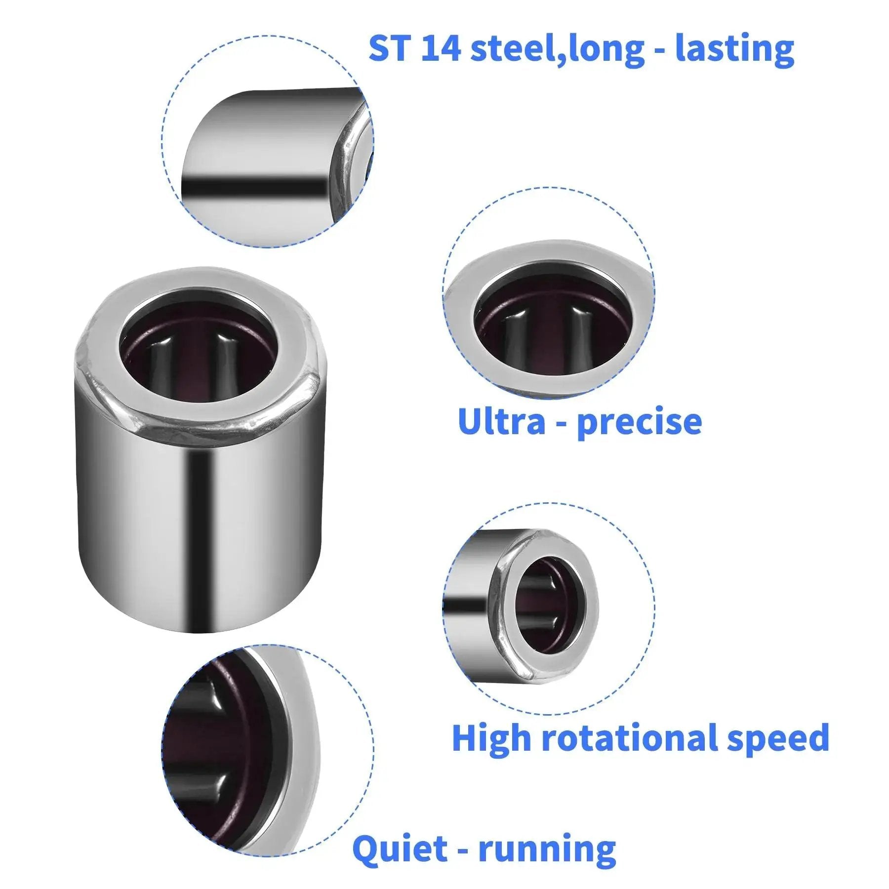 Needle Roller Bearings Five Pack RC040708 with durable steel, ideal for precision machines. Includes close-up and features text.