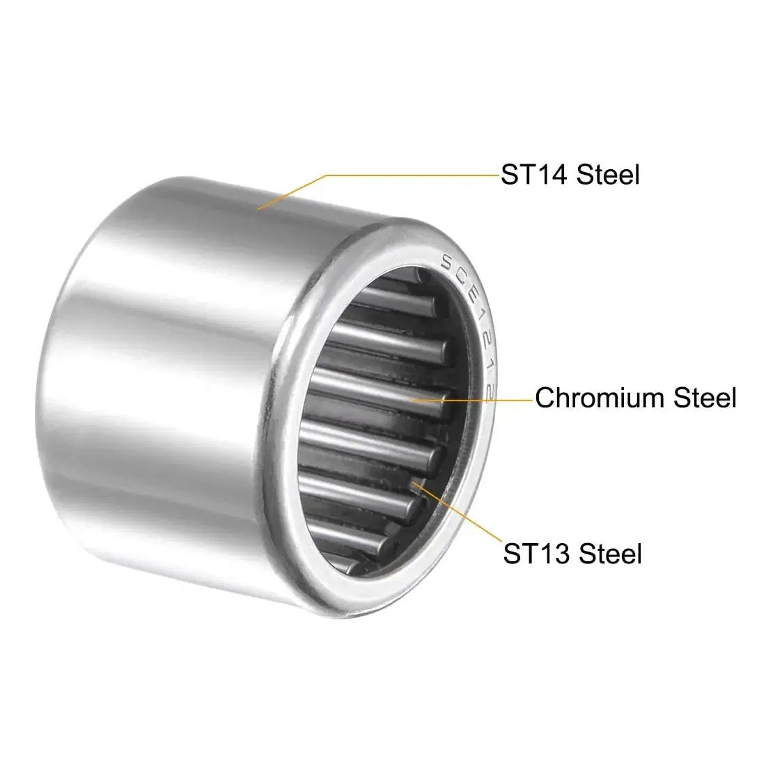 Close-up of Needle Roller Bearing Set SCE1212 with ST14 steel cup and ST13 cage, showing construction details.