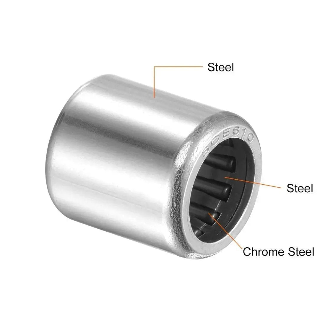 Needle Roller Bearing Set SCE610 3/8 In Bore 9/16 In OD 5/8 In Width Chrome Steel Open End Bearing with Steel Cage close-up