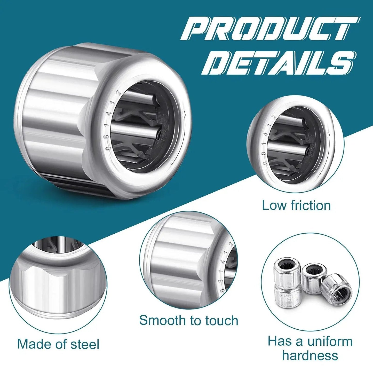 Product details of Six Pieces Heavy Duty Needle Roller Bearings 8mm Bore 14mm OD 12mm Width, showcasing steel construction.