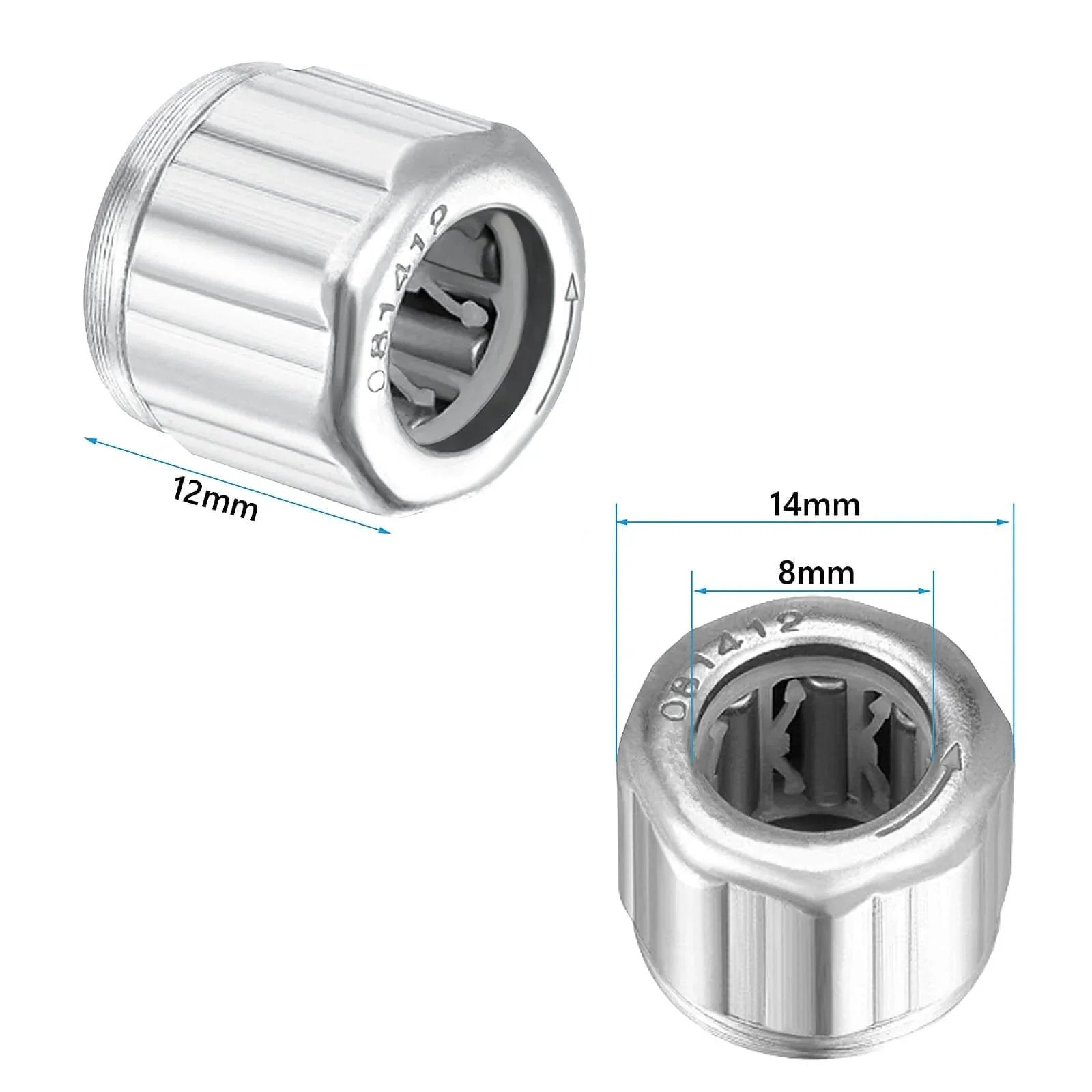 Four Pack Needle Roller Bearings One Way Bearing 8mm Bore 14mm OD 12mm Width ST14 Steel showing dimensions