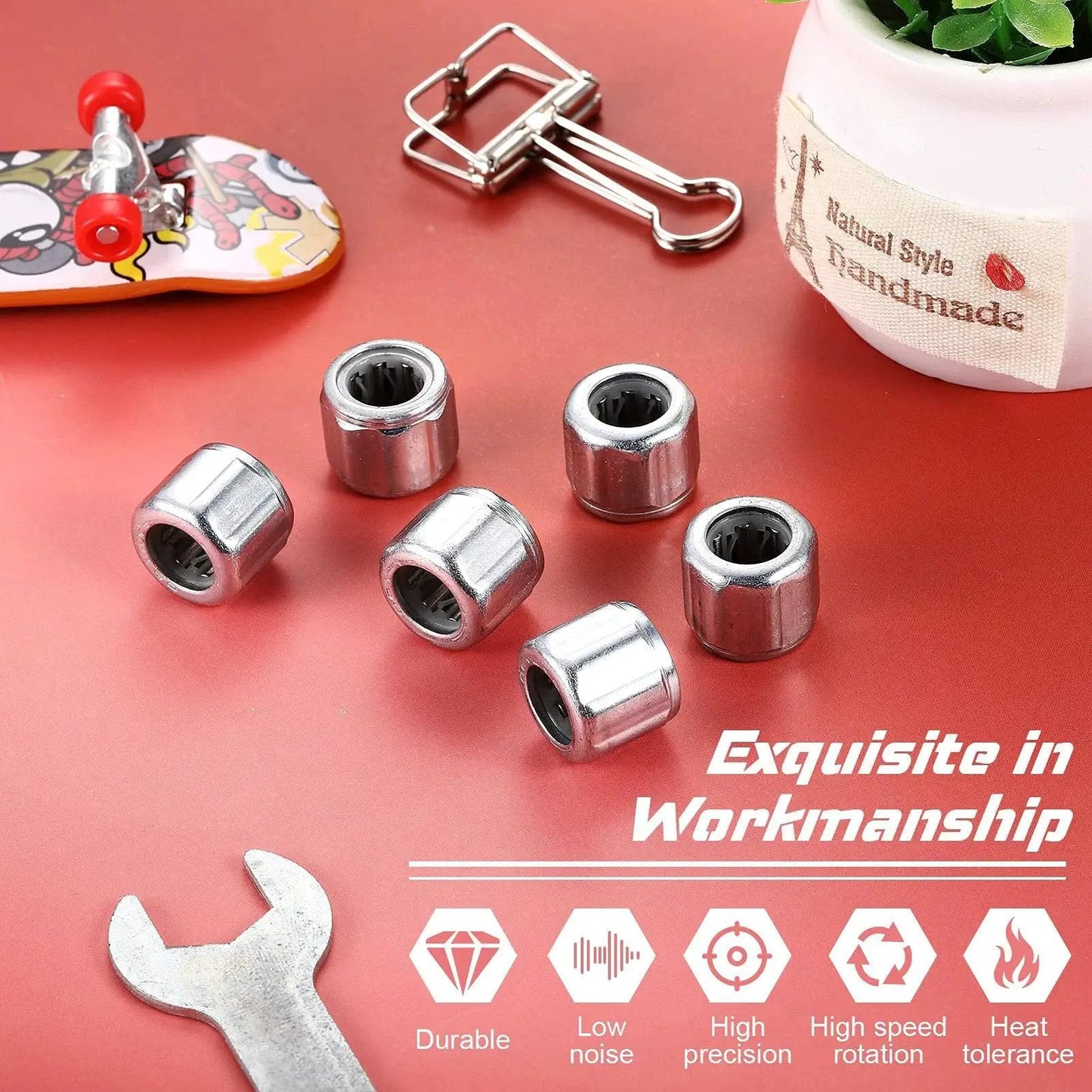 Six Pieces Heavy Duty Needle Roller Bearings 8mm Bore 14mm OD 12mm Width on red surface with wrench and small decorations