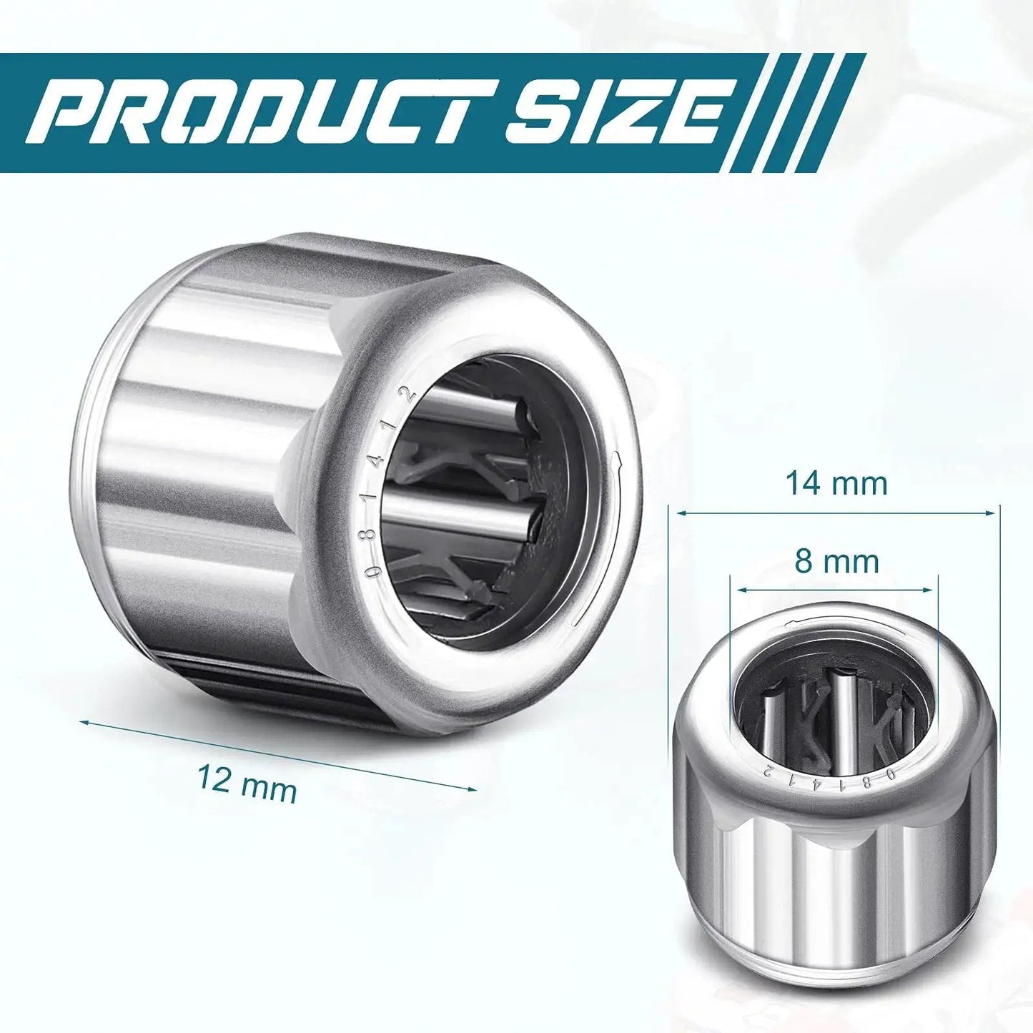 Six Pieces Heavy Duty Needle Roller Bearings 8mm Bore 14mm OD 12mm Width with high load capacity, octagonal design for machinery.