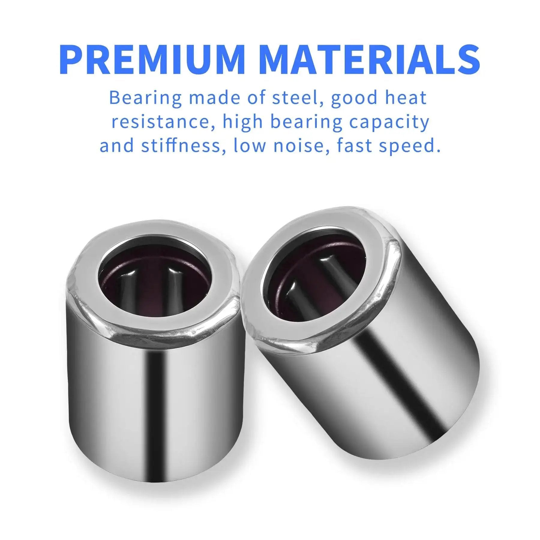 Needle Roller Bearings Five Pack RC040708 One Way Bearing With One Quarter Inch Inside Diameter Seven Sixteenths Inch Outside Diameter And One Half Inch Width Made From High Hard Bearing Steel For Durability And Low Friction For Precision Machines shown next to text describing premium materials