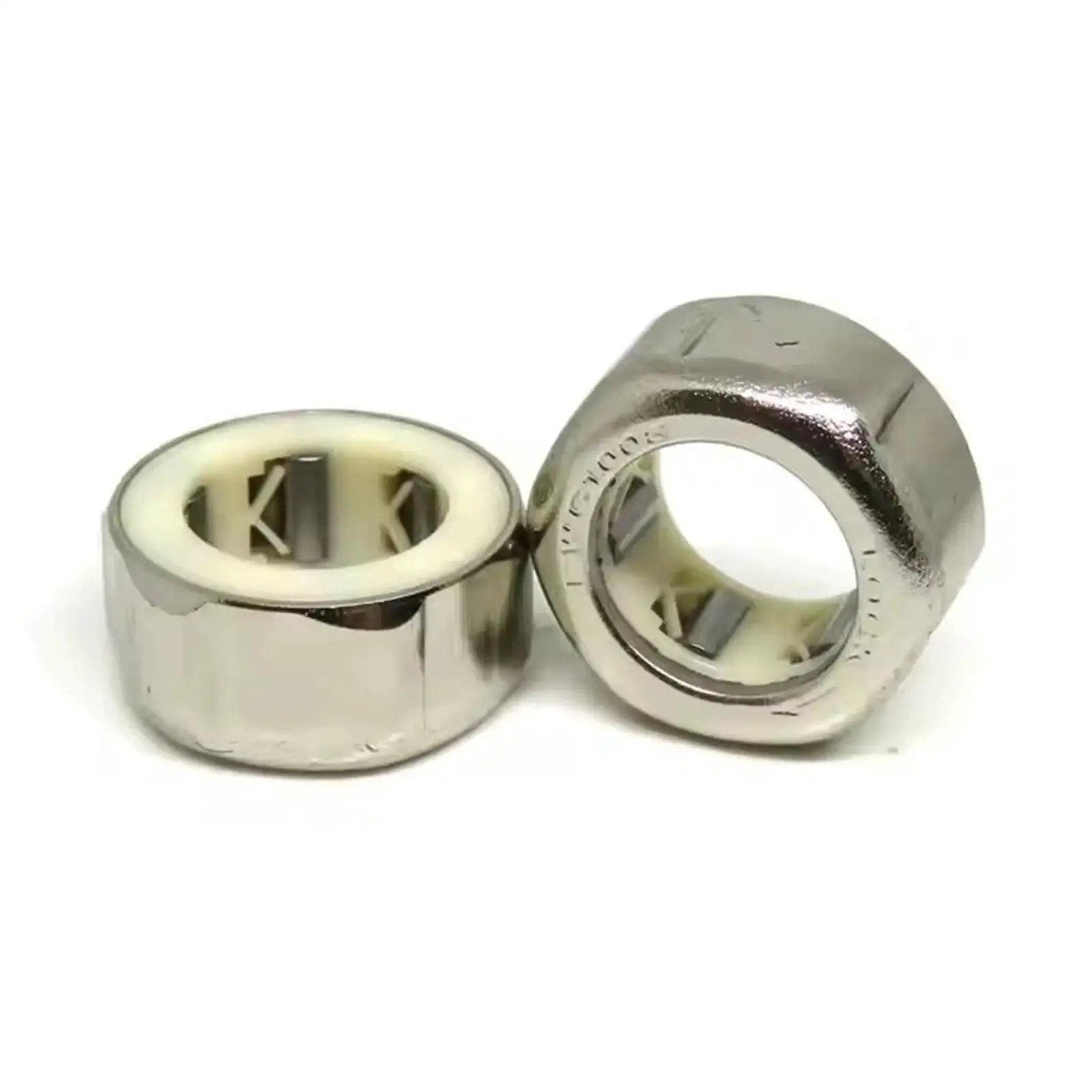 Two Piece One Way Clutch Needle Roller Bearing Set 8mm By 12.4mm By 9mm, steel cage, close-up view