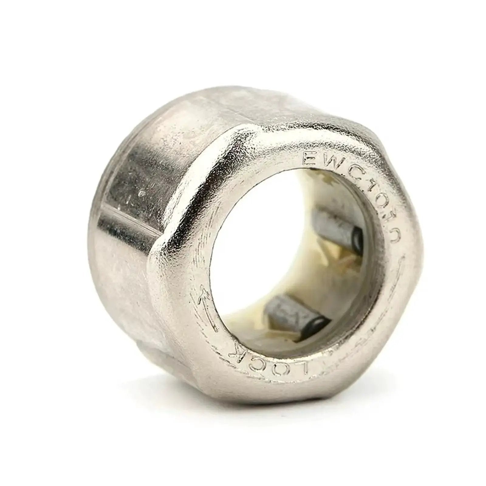 Two Piece One Way Clutch Needle Roller Bearing Set 8mm By 12.4mm By 9mm, steel cage, side view showing low profile design.