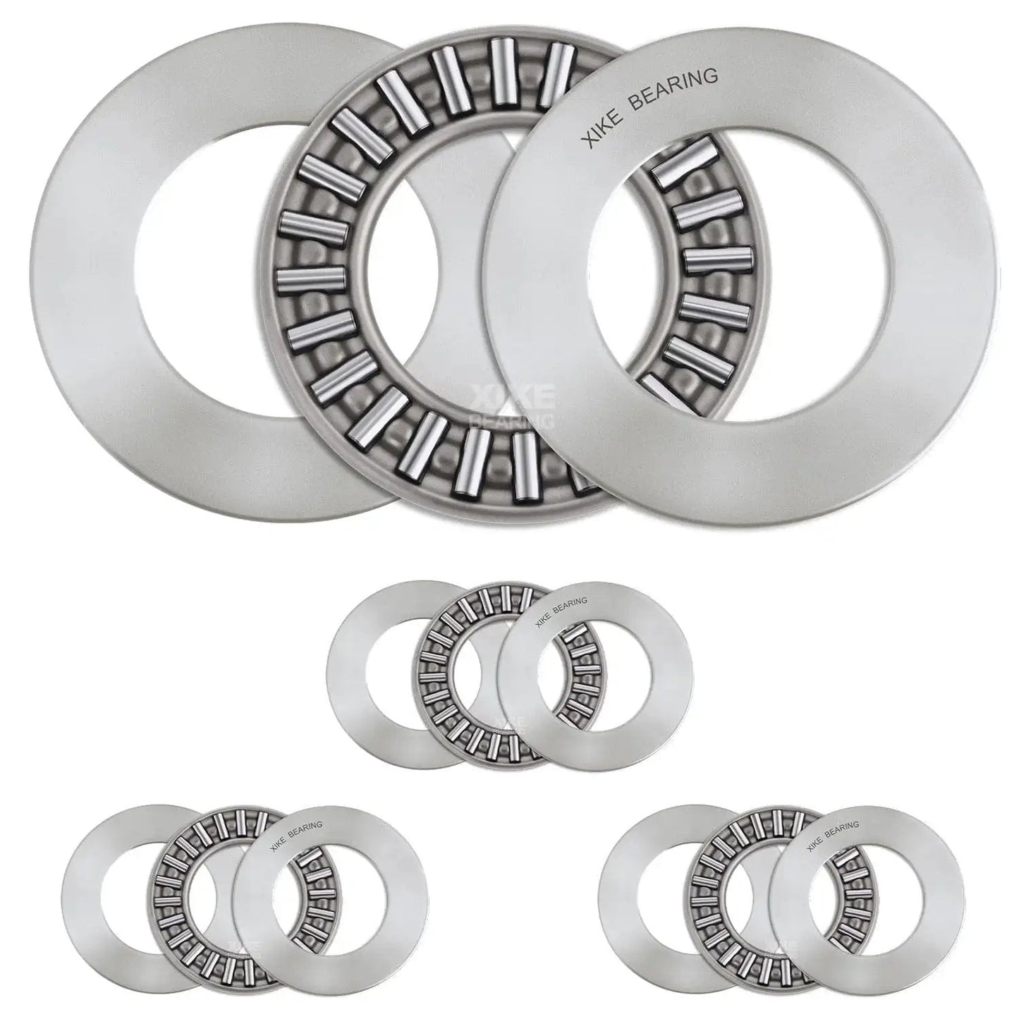 Four Piece AXK2035 Plus 2AS Needle Roller Thrust Bearings Set 20x35x2mm with washers, chrome steel, displayed in various angles.