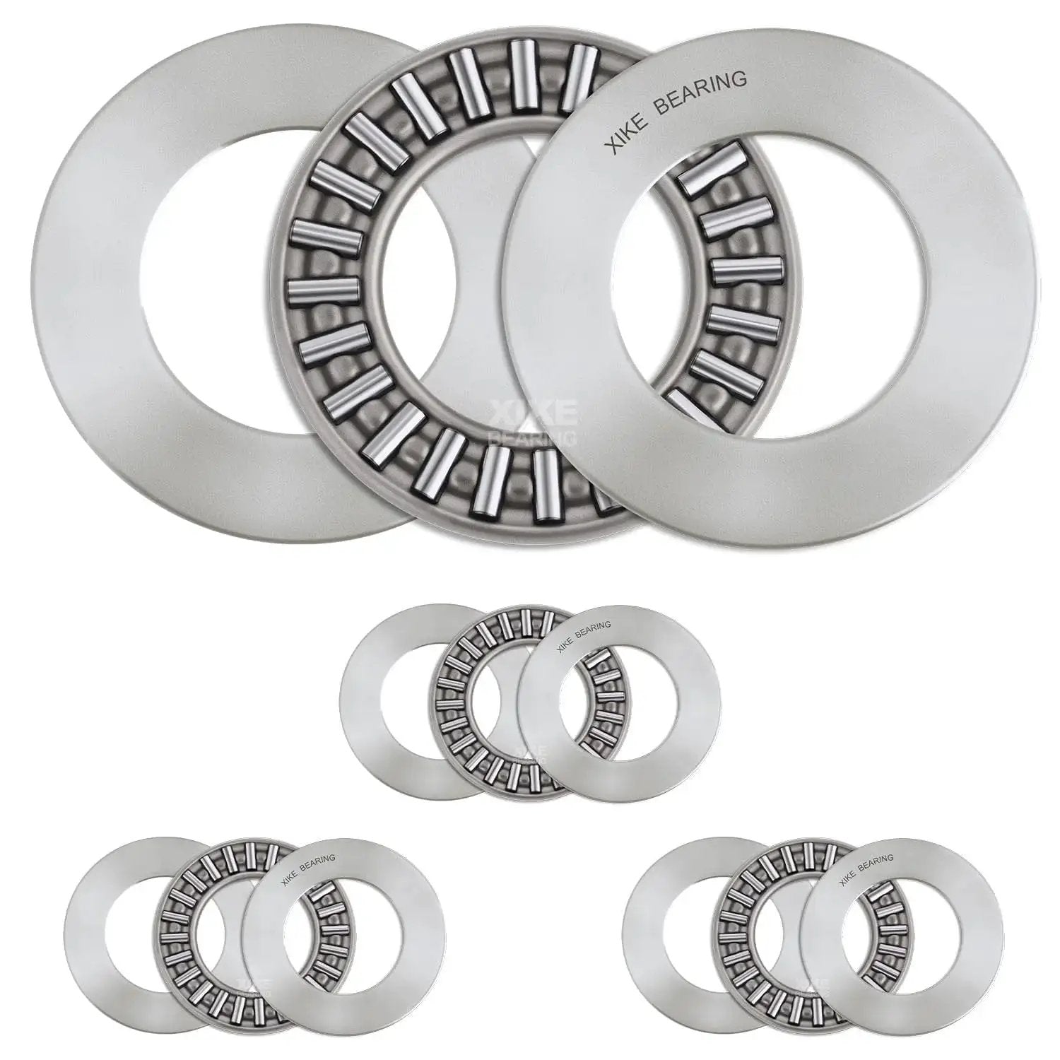 Four Piece AXK2035 Plus 2AS Needle Roller Thrust Bearings Set 20x35x2mm with washers, chrome steel, displayed in various angles.