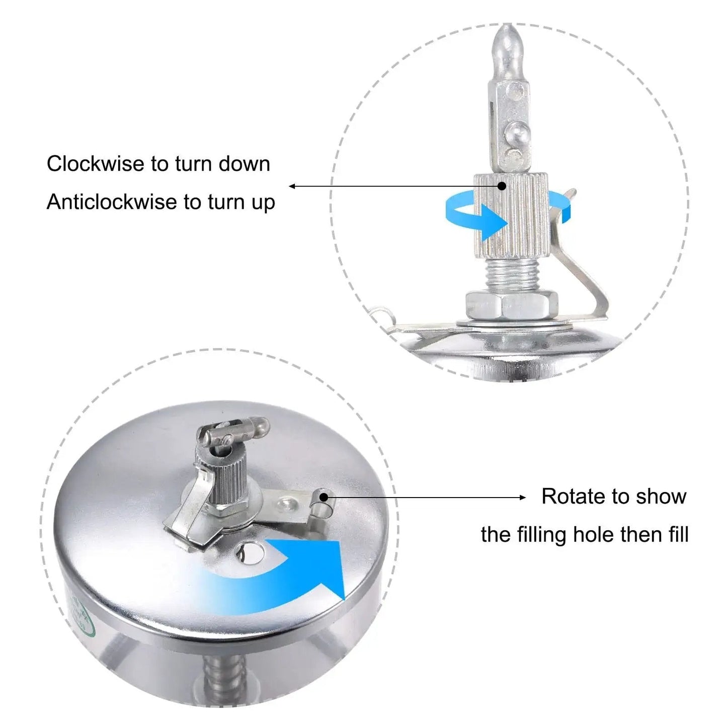 Close-up of Industrial Oil Cup With Needle Valve Gravity Drip Feed Oiler, showing threading and fill instructions on chrome-plated steel top.