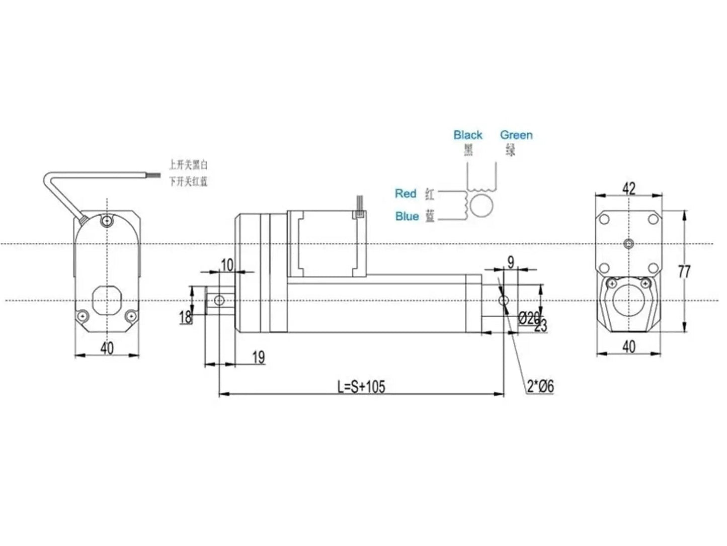 Technical diagram of Beast Mode Nema 17 Stepper Linear Actuator with 900N thrust, 200mm stroke, and telescopic rod for CNC machines.