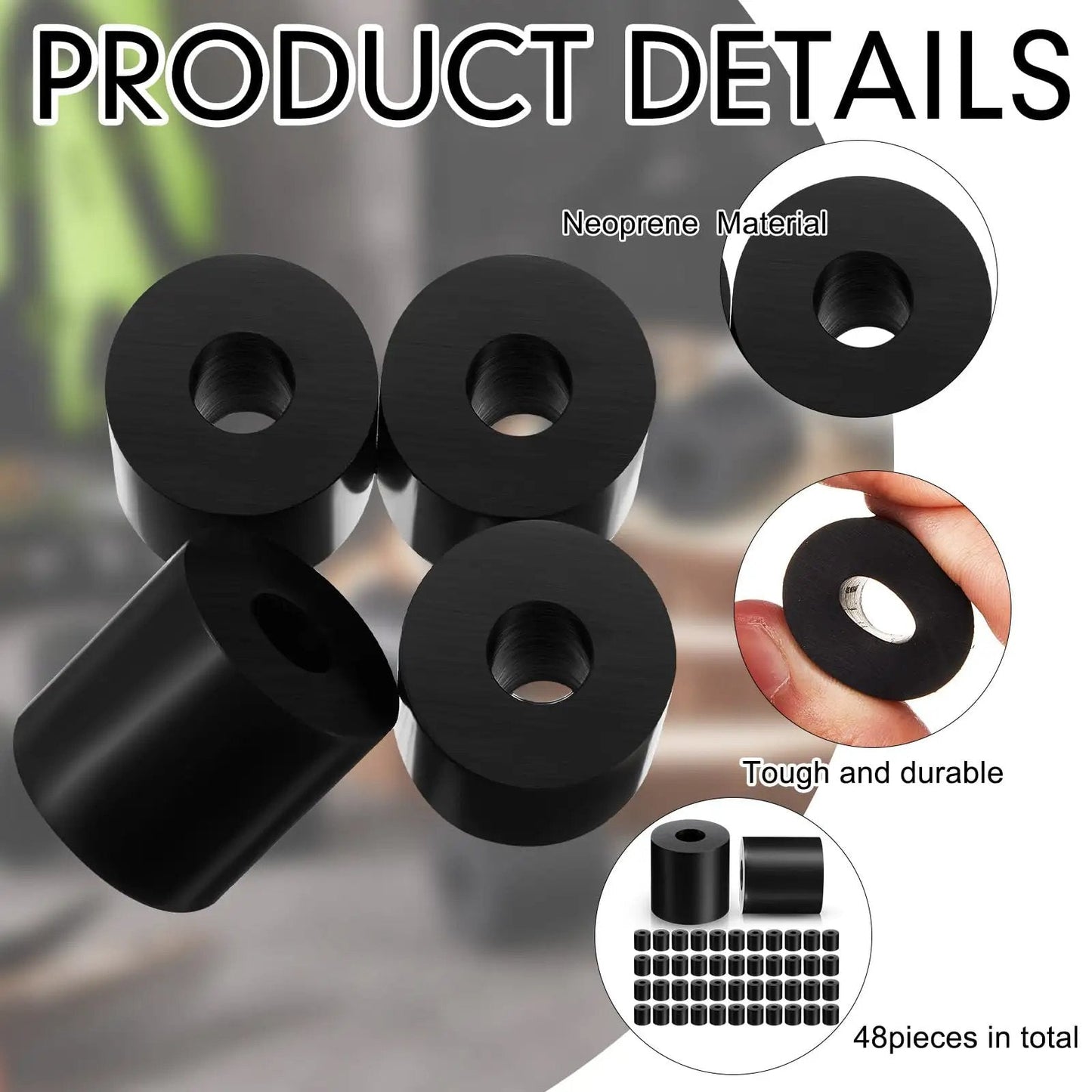 Close-up of eight pack rubber spacers 1 inch OD by three eighths inch ID by 1 inch thick neoprene washers for home and car vibration damping anti vibration bushings multi purpose black