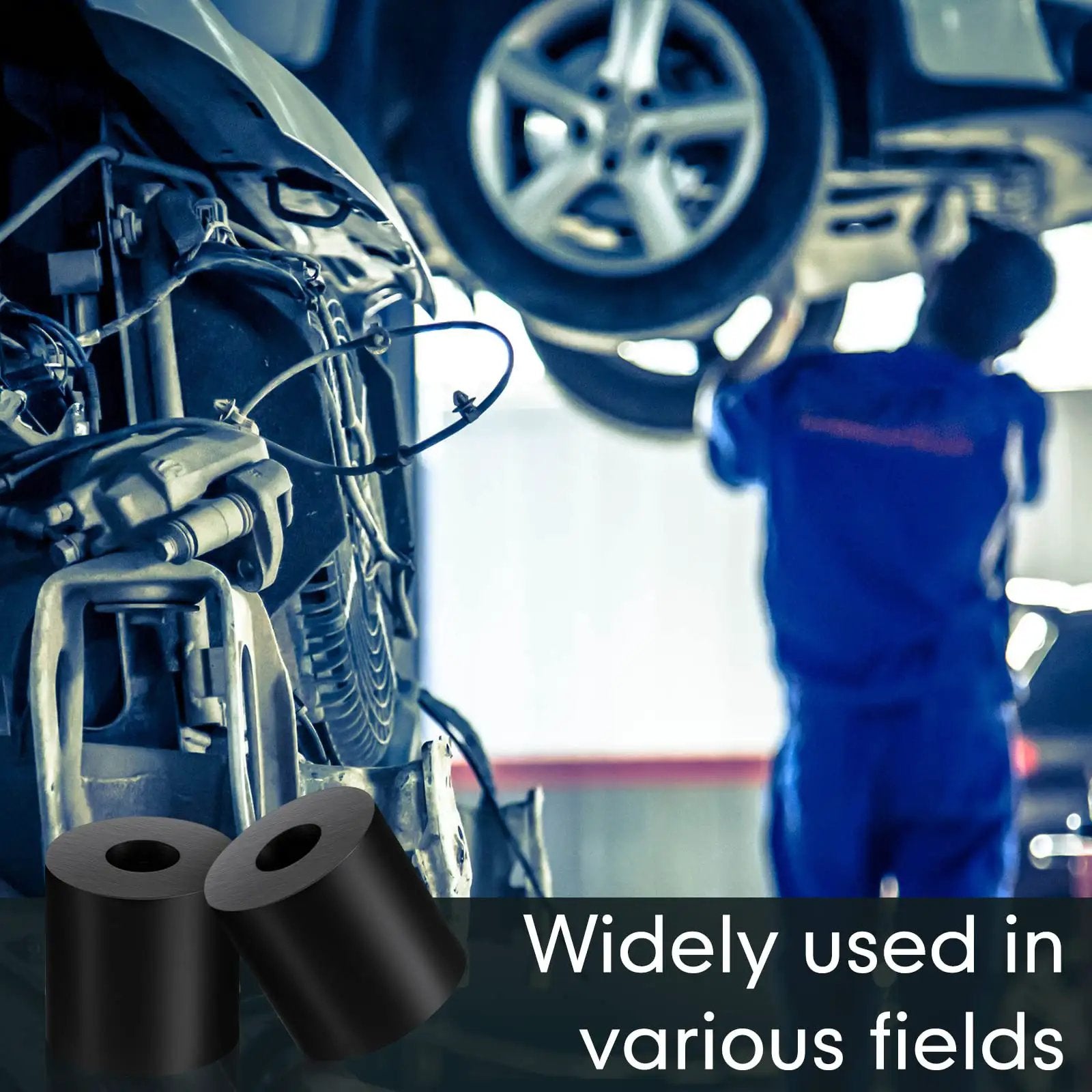 Mechanic working on car lift with highlighted Eight Pack Rubber Spacers 1 Inch OD By Three Eighths Inch ID By 1 Inch Thick Neoprene Washers For Home And Car Vibration Damping Anti Vibration Bushings Multi Purpose Black.