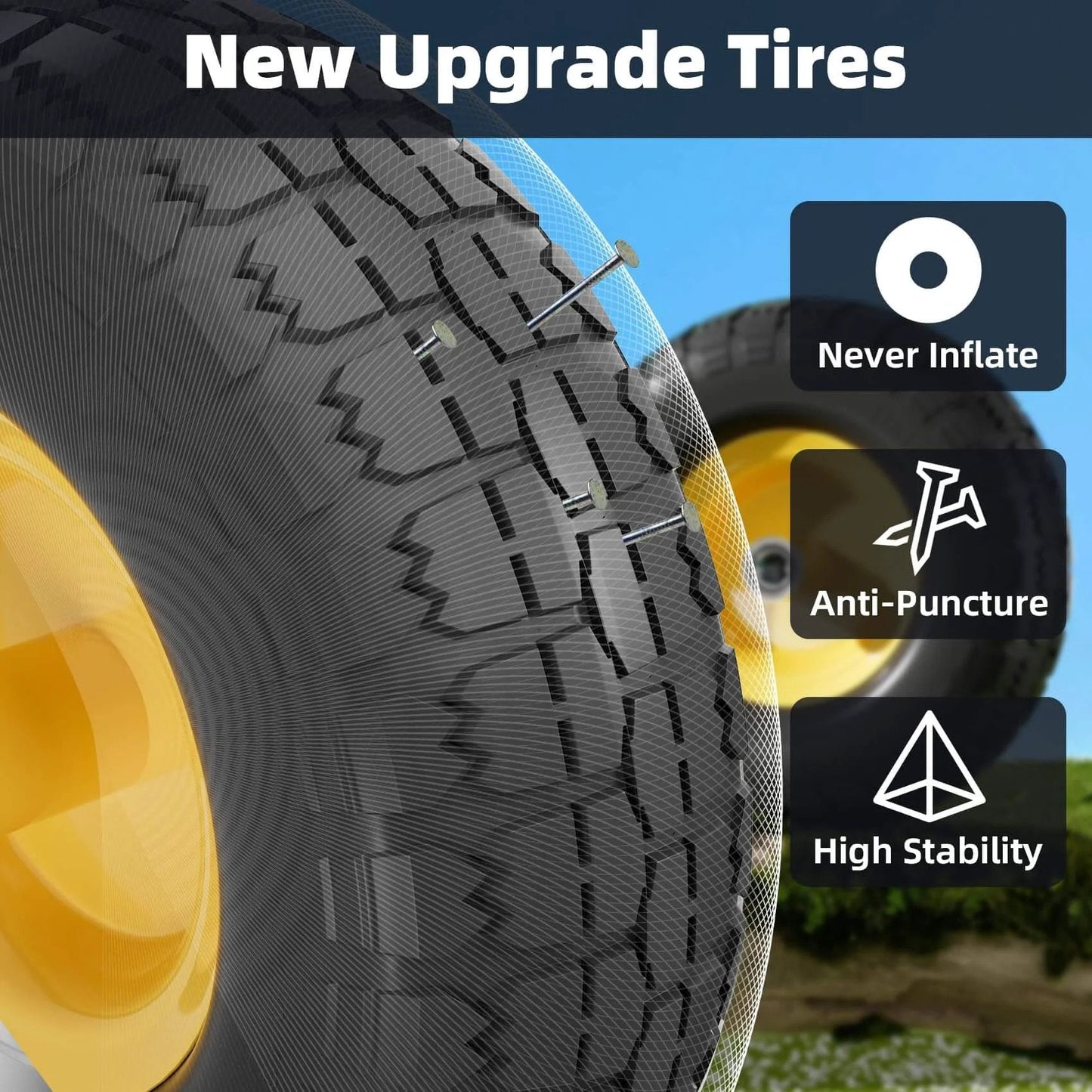 New upgrade 4.10/3.50-4 Flat Free Tire and Wheel Set of 4 showing anti-puncture tread and solid construction for reliability.