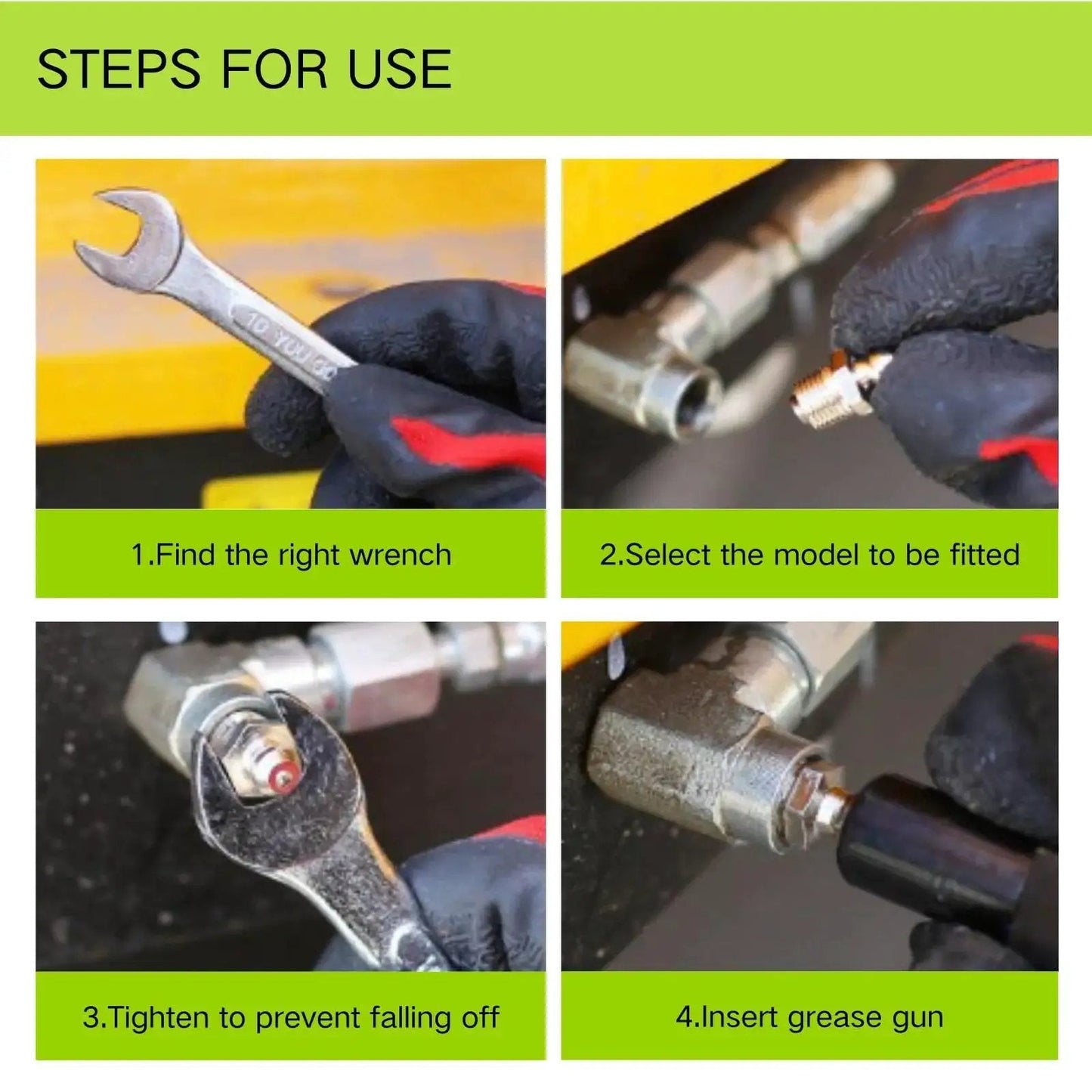 Steps for using the Nickel Plated Iron Grease Fittings Assortment Kit For Automotive And Industrial Use, 20 Pieces, SAE and Metric.
