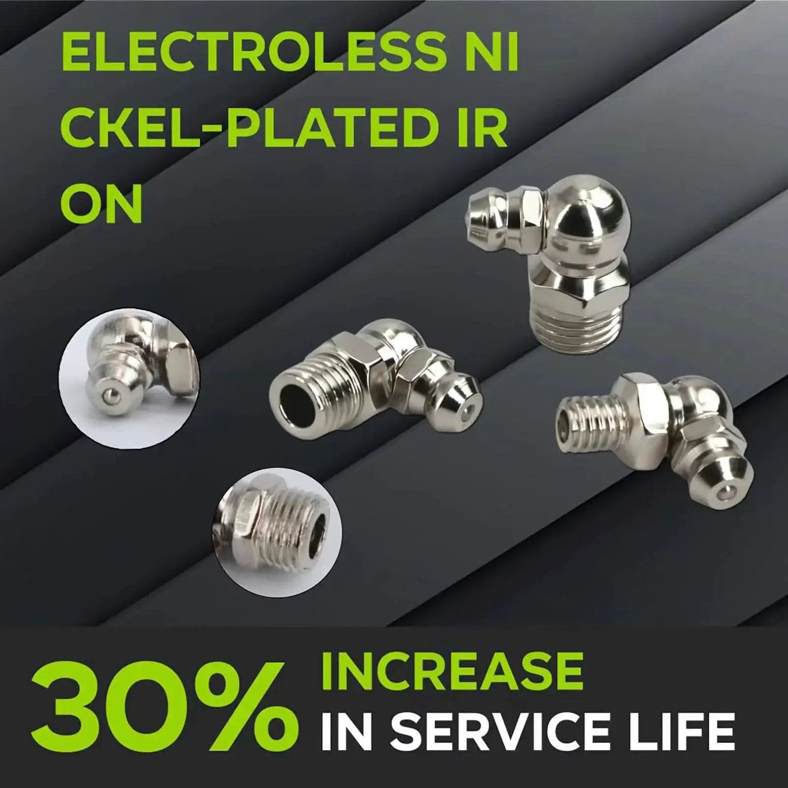Nickel-plated iron grease fittings from Pro Grade 27 Pcs SAE And Metric Grease Fittings Assortment Kit with service life increase.