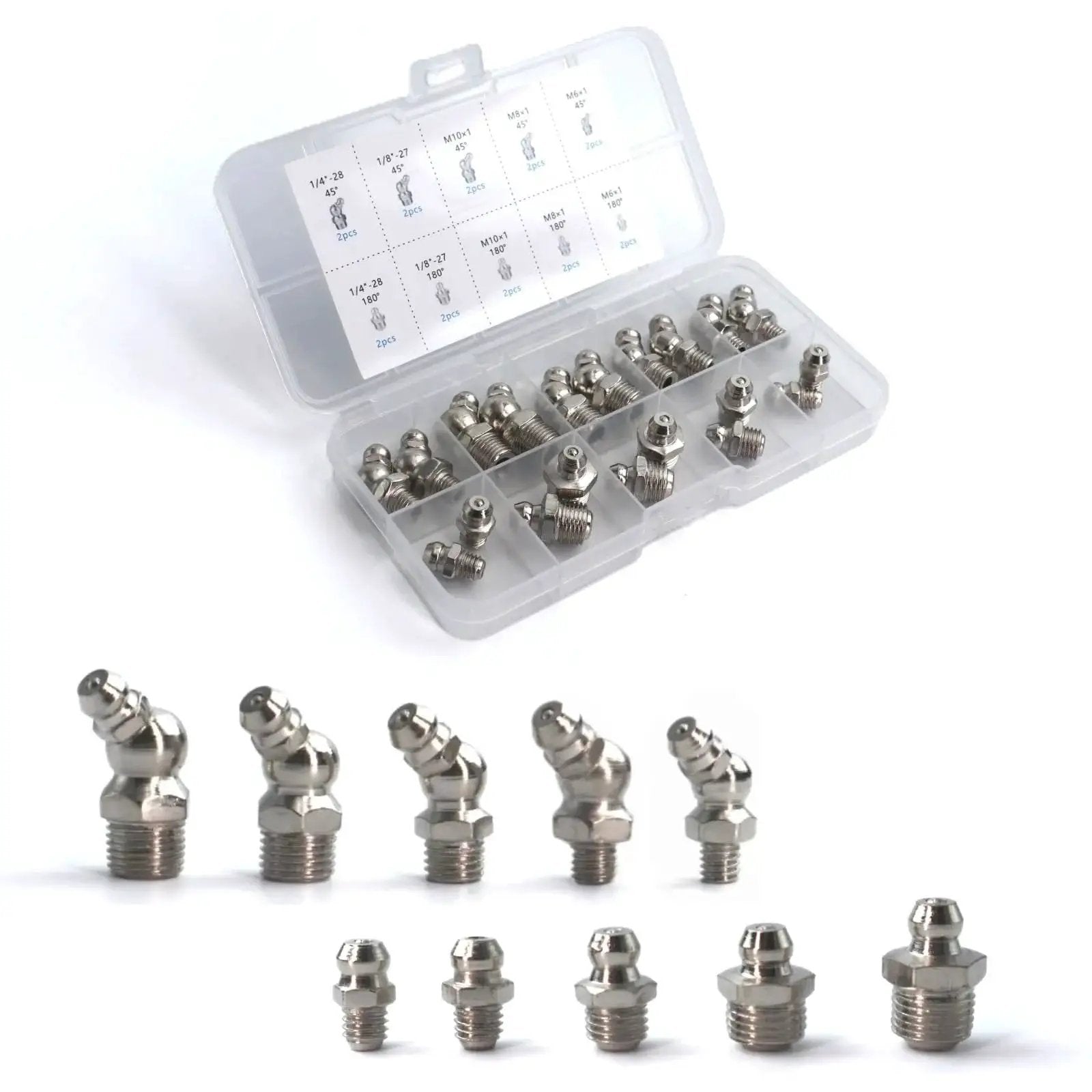 Nickel Plated Iron Grease Fittings Assortment Kit For Automotive And Industrial Use, 20 Pieces, SAE And Metric Zerks