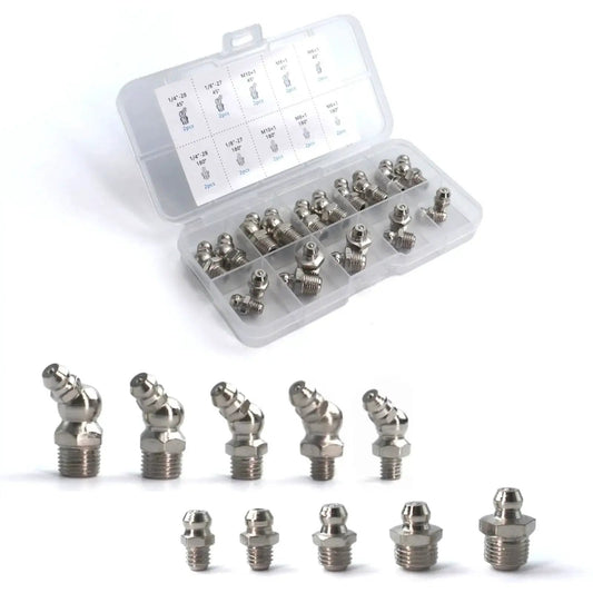 Nickel Plated Iron Grease Fittings Assortment Kit For Automotive And Industrial Use, 20 Pieces, SAE And Metric Zerks