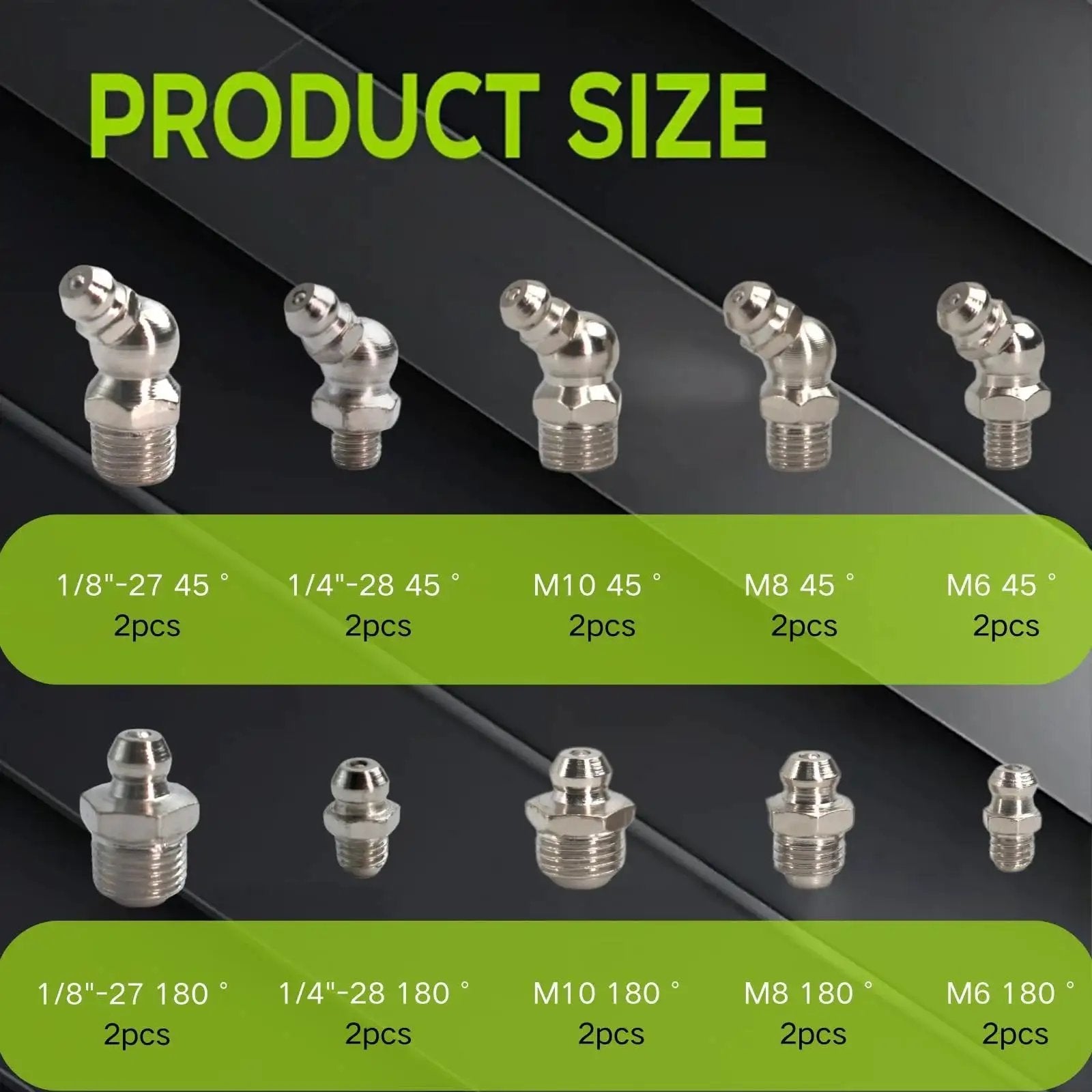 Nickel Plated Iron Grease Fittings Assortment Kit For Automotive And Industrial Use, showing product sizes and angles