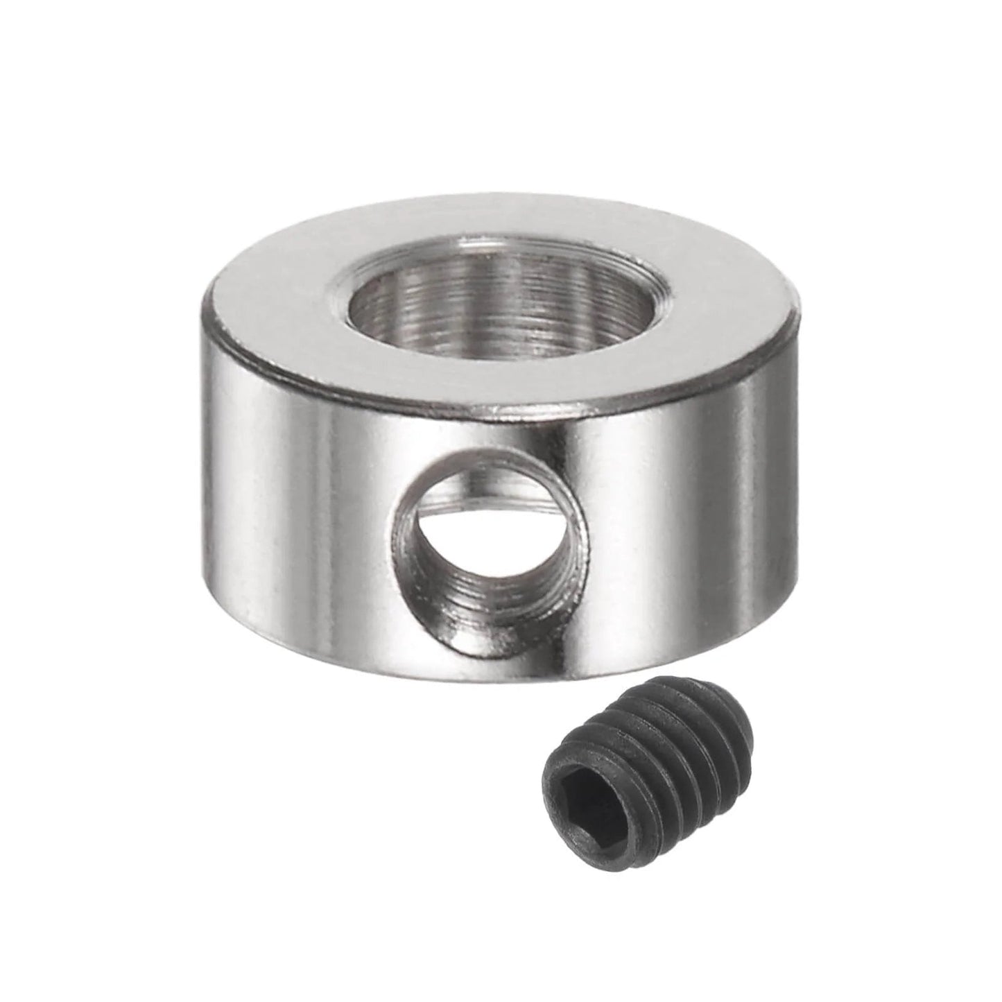 Close-up view of a nickel-plated 10pcs Set Screw Collars 5.05mm Bore Shaft Collars with a set screw beside it.