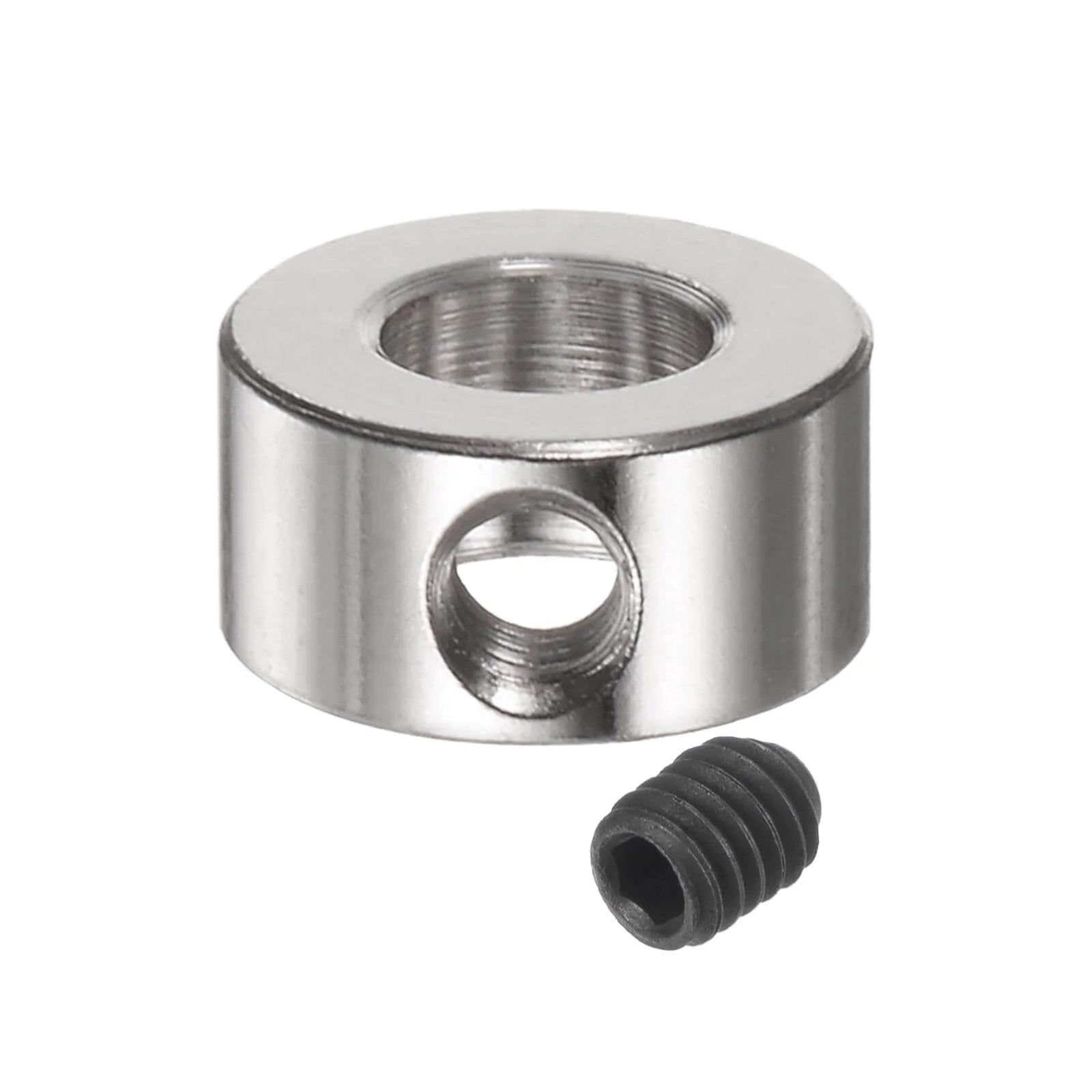 Close-up view of a nickel-plated 10pcs Set Screw Collars 5.05mm Bore Shaft Collars with a set screw beside it.