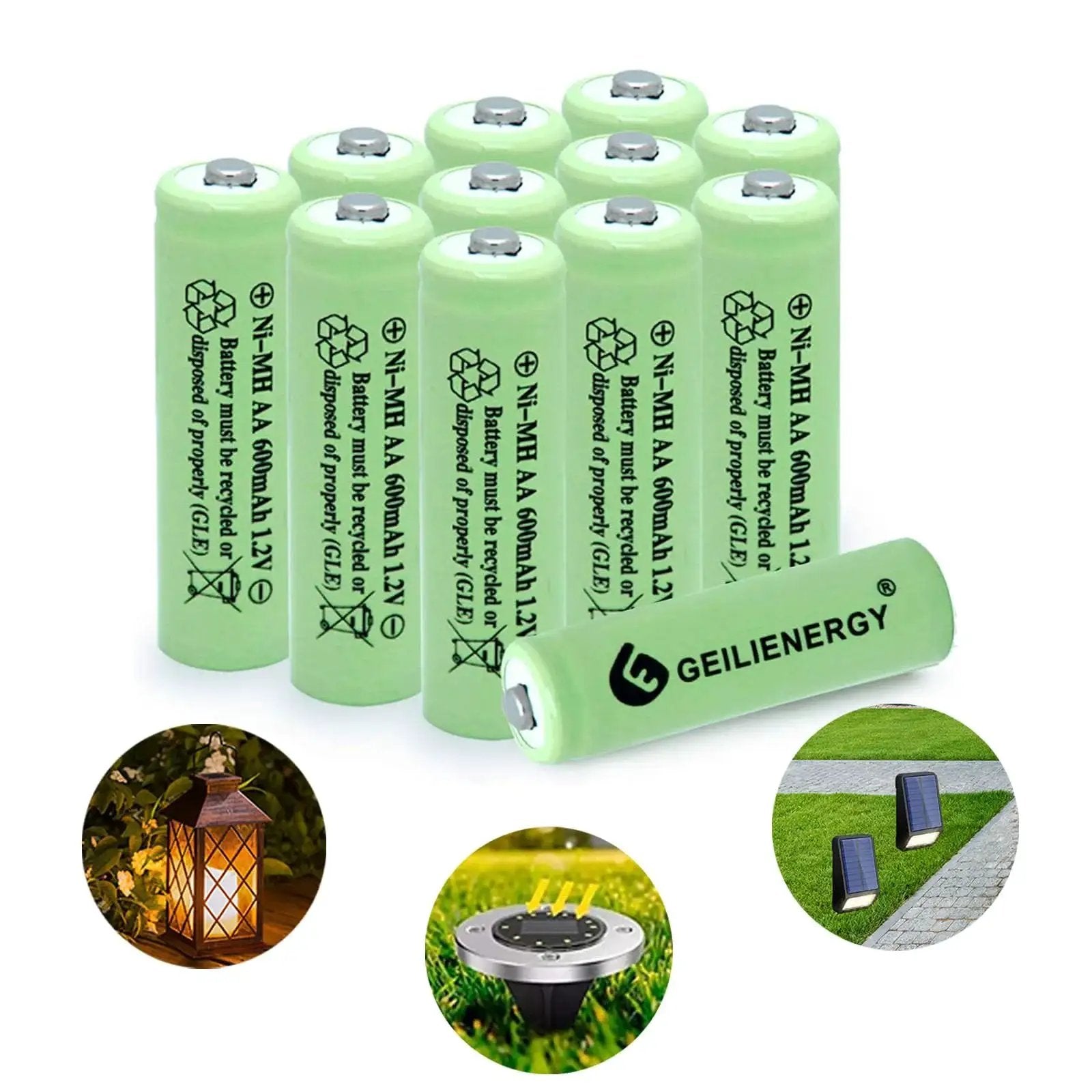 NiMH AA 600mAh 1.2V Rechargeable Batteries For Solar Lights 12 Pack with garden lamp and solar panel examples