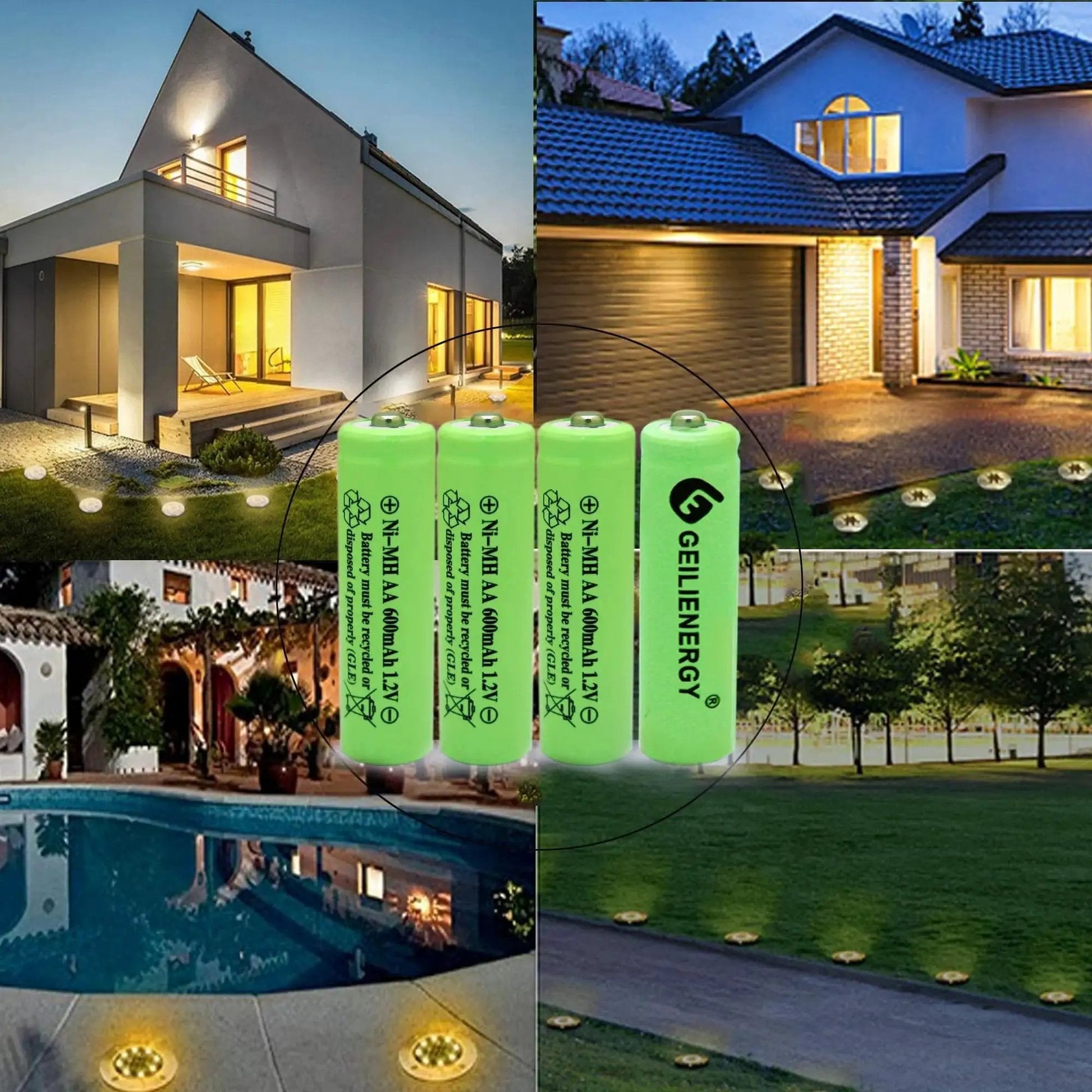 NiMH AA 600mAh 1.2V rechargeable batteries for solar lights 12 pack with outdoor night garden and pathway scenes in background